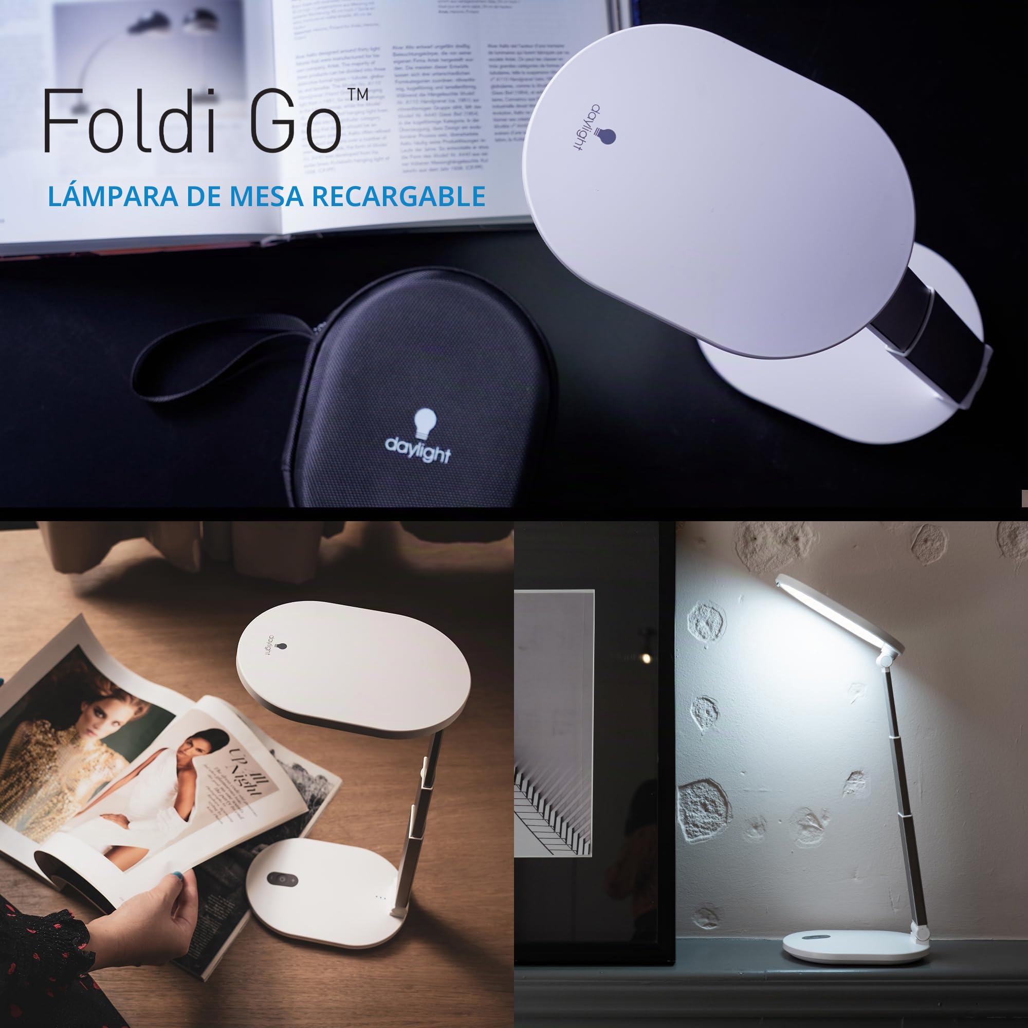 daylight Foldi Go™ Lámpara de escritorio LED recargable – 6000 K luz diurna, 4 brillos – Portátil con bolsa – Ideal para el hogar, la oficina y los viajes