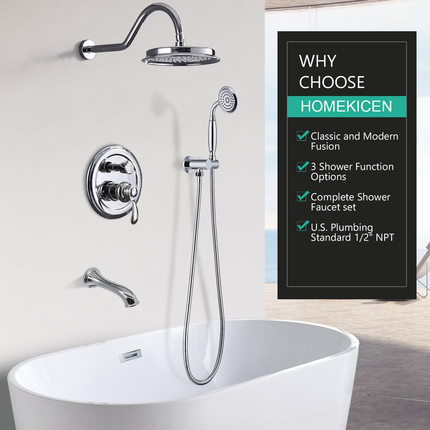 Duscharmatur-Sets mit Wannenauslauf: 22,9 cm antikes Regenduschsystem, Wandhalterung Regenkopf und Handbrause, 3-Wege-Umstellventil aus Messing mit Zierleiste, Chrom