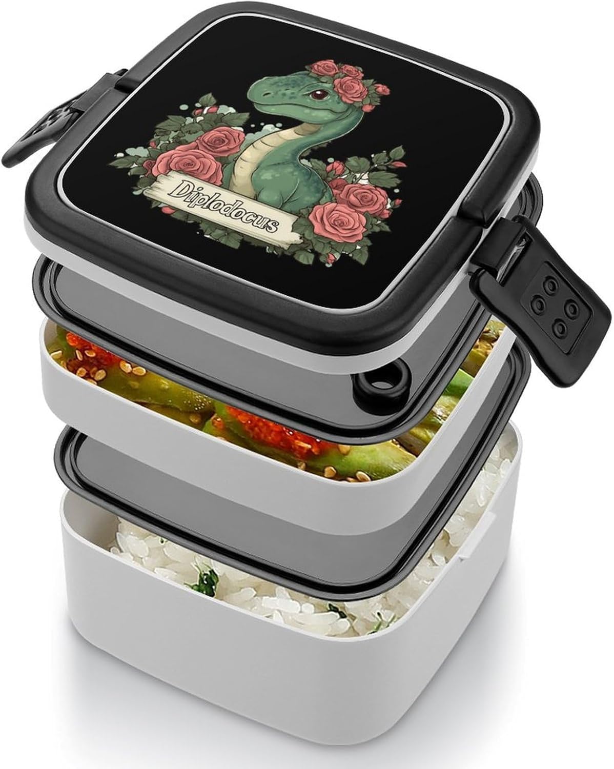 Dinosaur Diplodocus Bento Box with Spoon 2 Layer Food Container Cute Lunch Box for Travel Dining Work