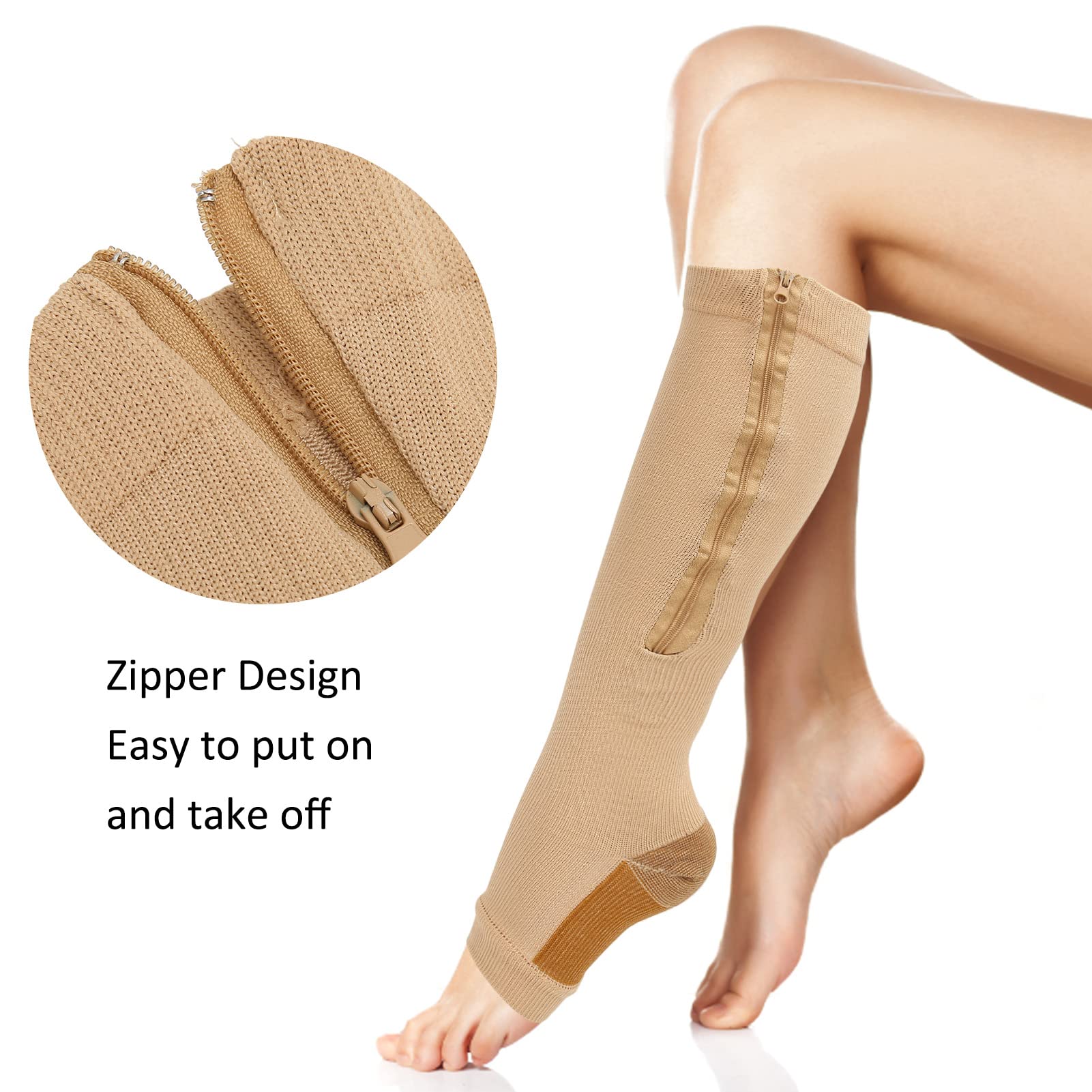 Zipper Compression Socks Soft Nylon Washable Reusable Open Toe Leg Shaping Socks for Women Men High Elastic Calf Zippered Compression Sleeve Compression Stockings(L XL Skin tone) - Image 2