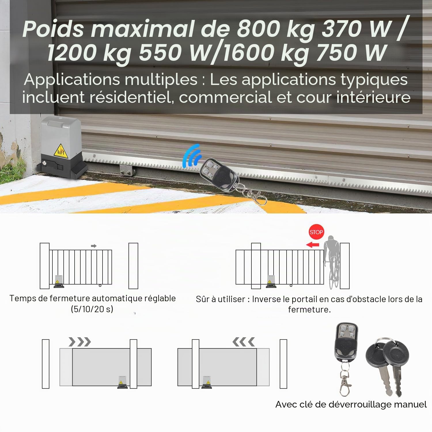 Motorisation de portail coulissant, motorisation de portail coulissant 550 W, modèle WiFi Bluetooth, avec rail de télécommande, motorisation de portail jusqu'à 1200 kg, support de 4 mètres