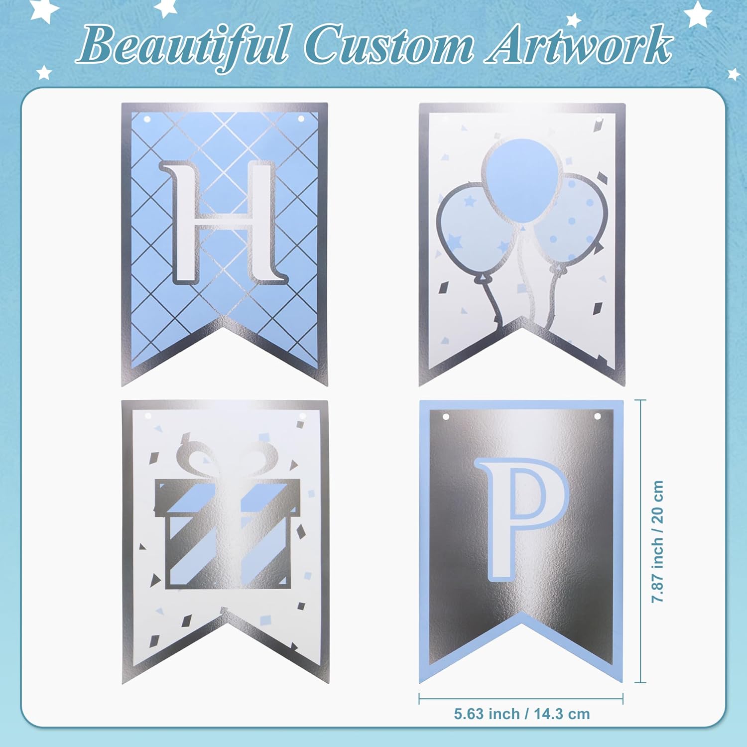 Happy Birthday Banner – Custom Designed Cardboard Boys and Girls Birthday Decoration – Stylish Party Sign for Space, Sports, or Milestone Themes (Light Blue and Silver)