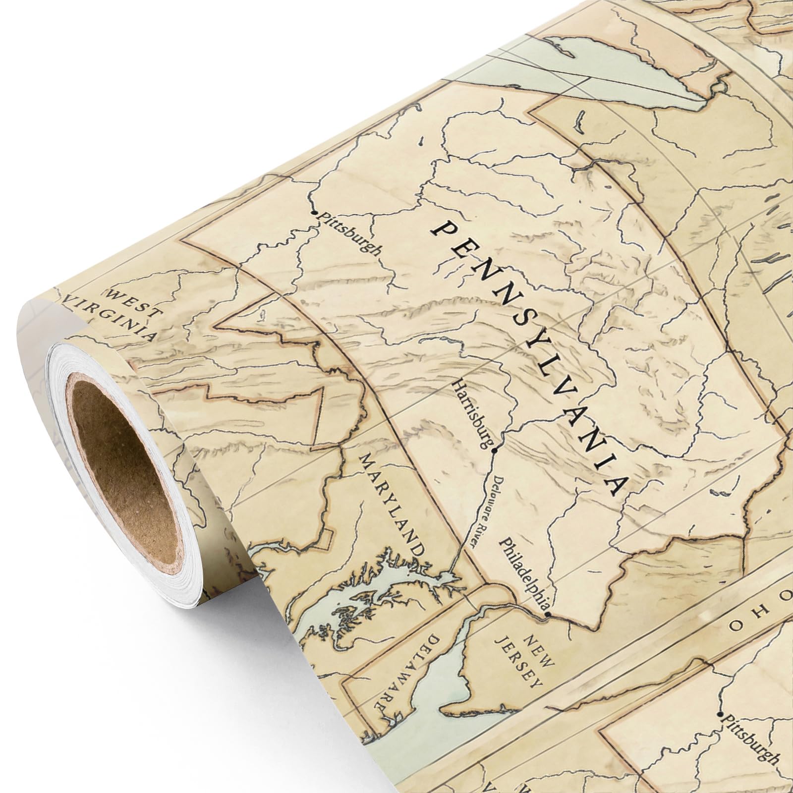 WRAPAHOLIC Vintage Map Wrapping Paper Roll - Mini Roll - 17 Inch x 16.5 Feet - Antique Retro Wrapping Paper with Pennsylvania Map Design for Birthday, Travel Lovers, Graduation, Father's Day
