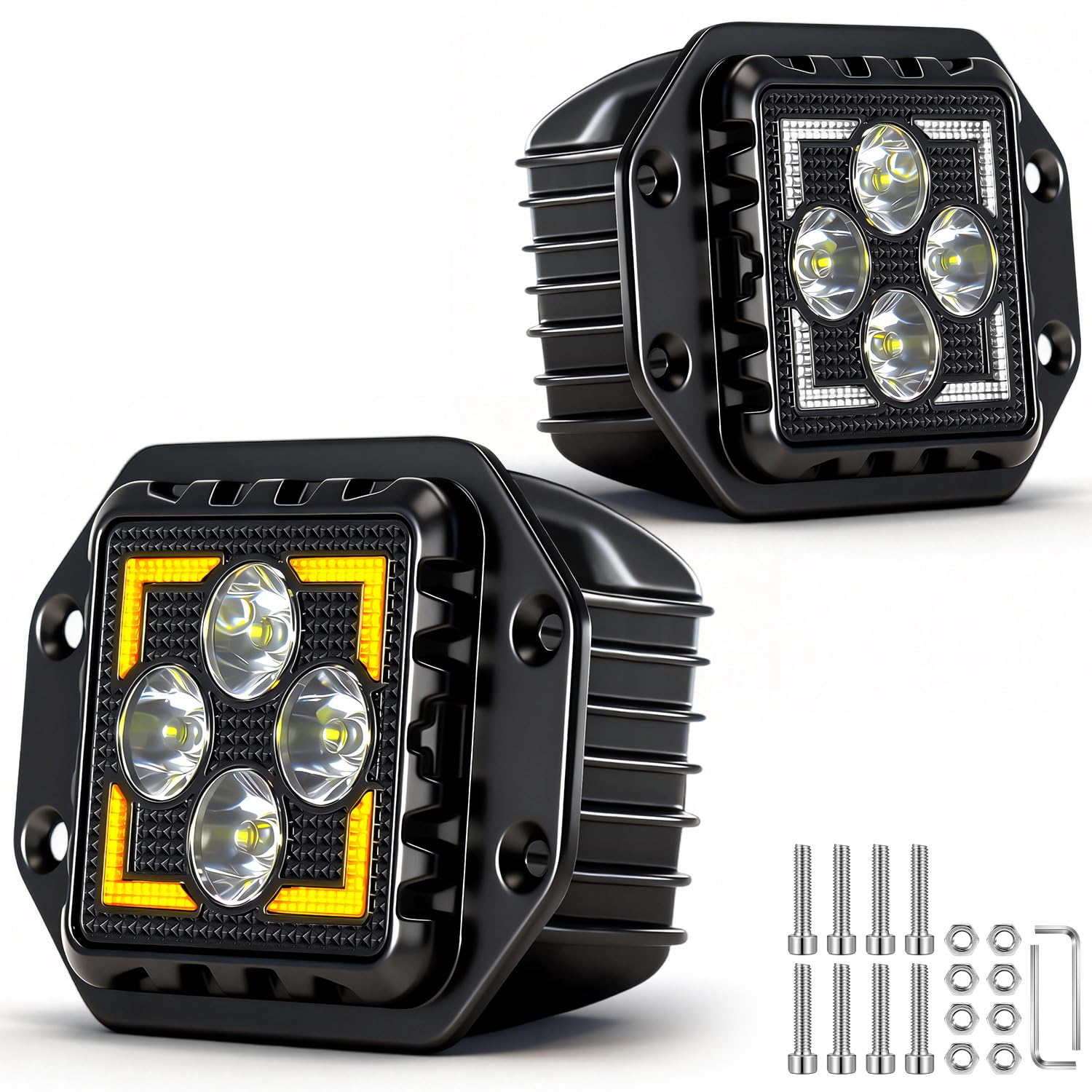 Reflektor roboczy LED 12V/24V z homologacją ECE, biały/żółty z funkcją migania, światło cofania/dodatkowe światło IP68, 4-punktowy montaż śrubowy do ciągnika, koparki, ciężarówki, rolnictwa i off-road