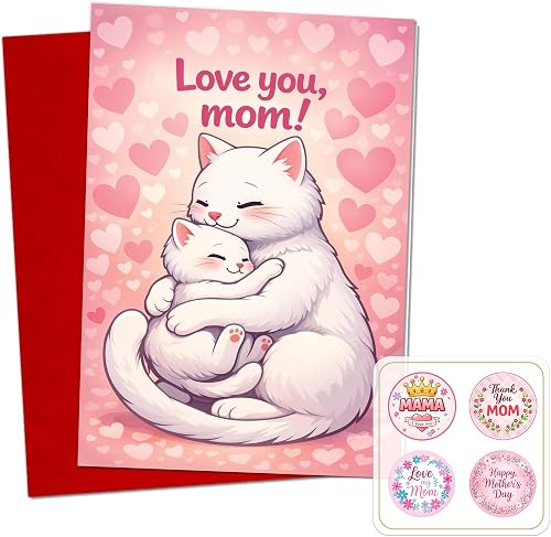 Podagree Love You Mom Card, Cute Cat Mom and Kitten Design, Perfect for Mother's