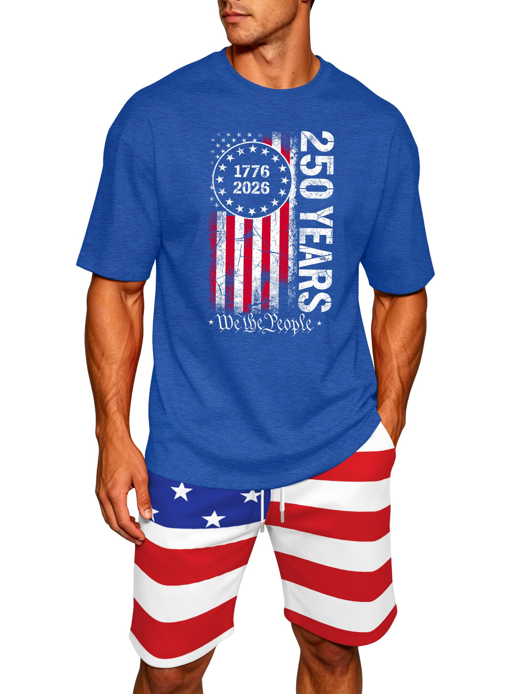 Ithalt Patriotic Shirts for Men 4th of July Outfit 2 Piece Set Short Sleeve and Shorts American Flag 250th Anniversary