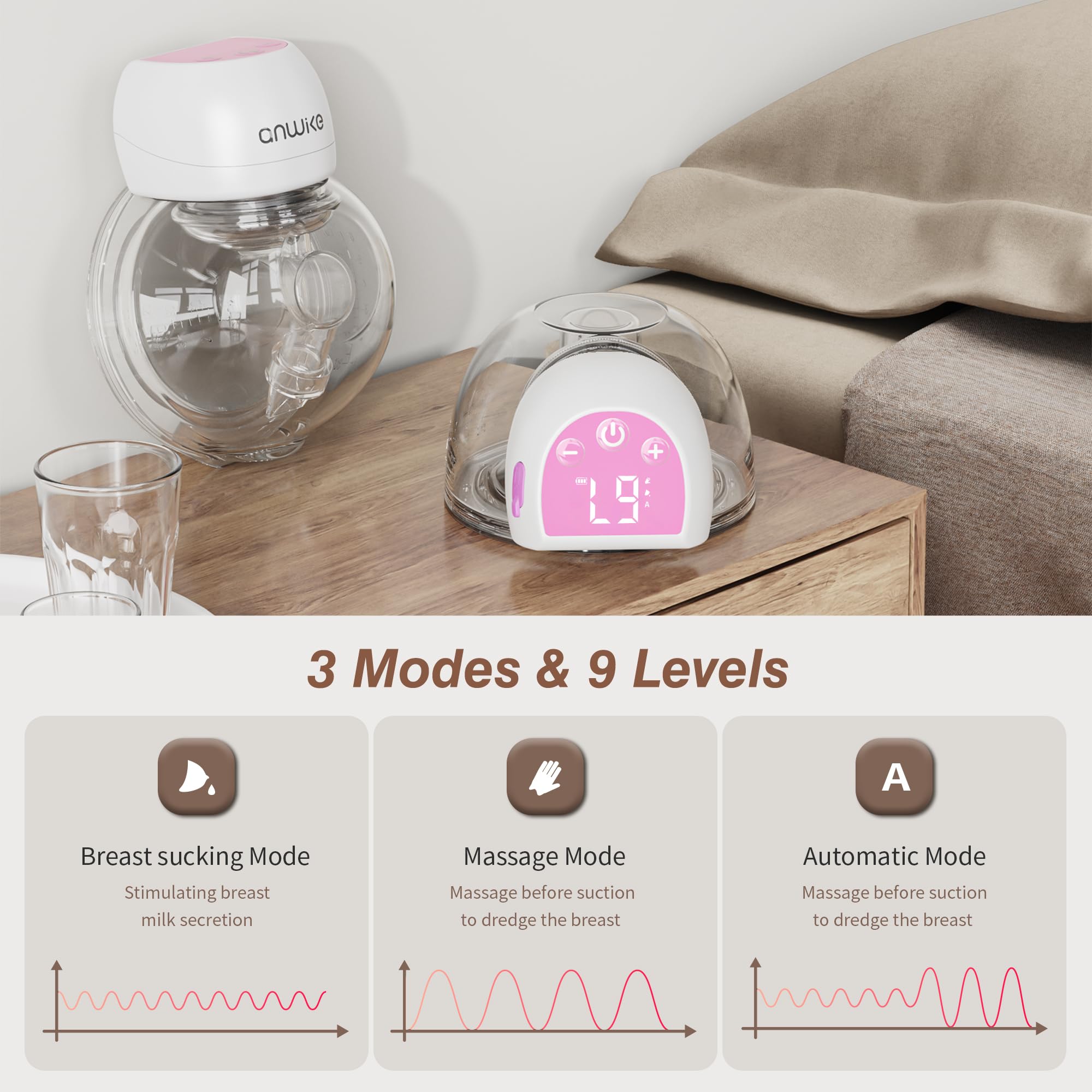 ANWIKE Milchpumpe Elektrisch Ultra-Leicht 193g - Schmerzfreie Handsfree Milchpumpe, 3 Modi 9 Stufen mit LED-Anzeige, Geringer Geräuschpegel, Freihändig Elektrische mit 21/24mm Flanschen