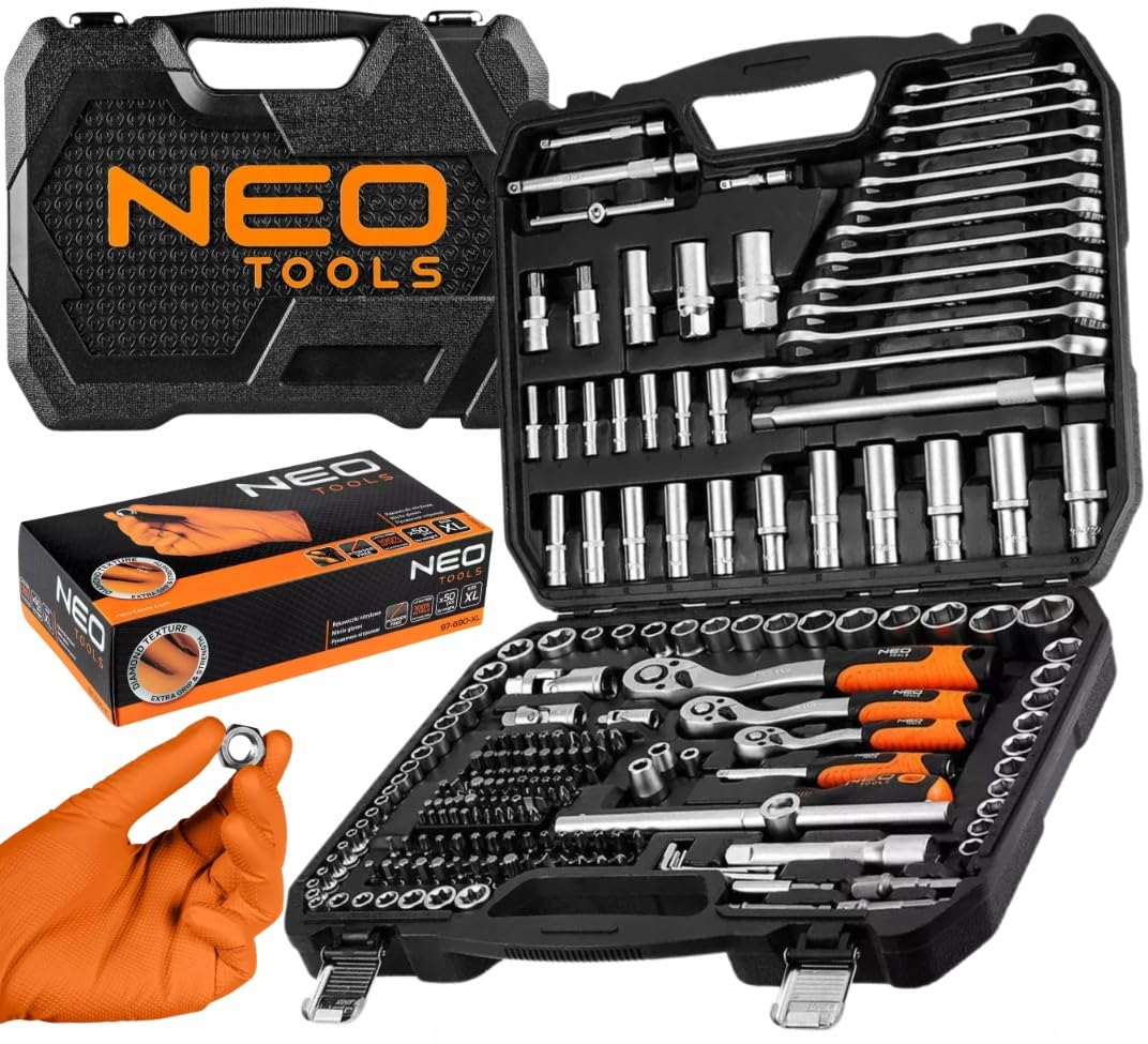 NEO Zestaw Kluczy Nasadowych 220 el. 1/2” 3/8” 1/4” +50x Rękawice Nitrylowe
