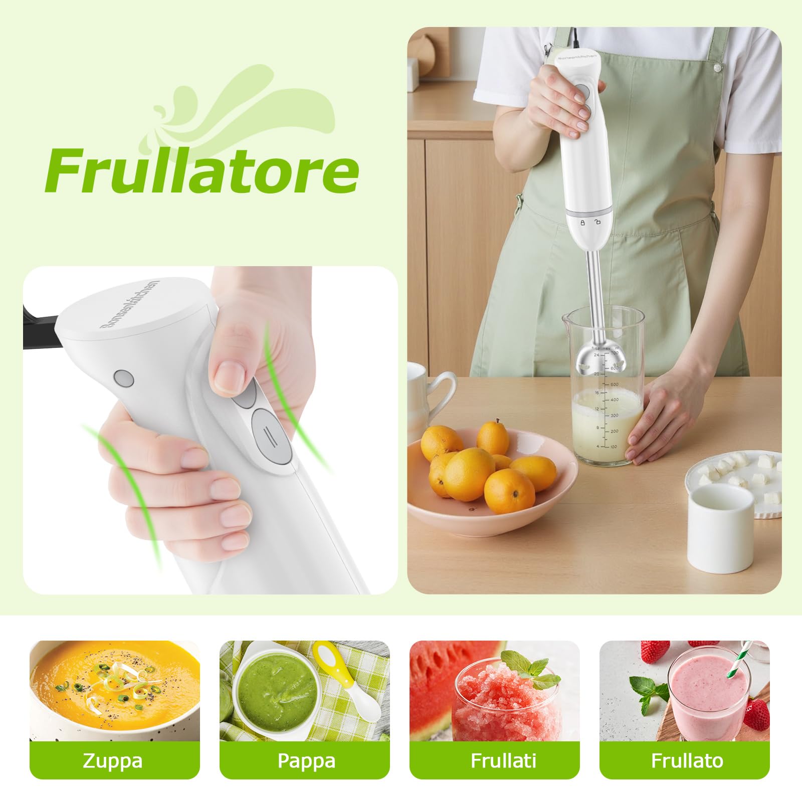 Bonsenkitchen Frullatore a Immersione, Frullatore Elettrico a Immersione in Acciaio Inossidabile da 1000 W, 2 Velocità Variabili, con Tritatutto, Misurino e Frusta, per Pappe, Zuppe, Frullati, Puree