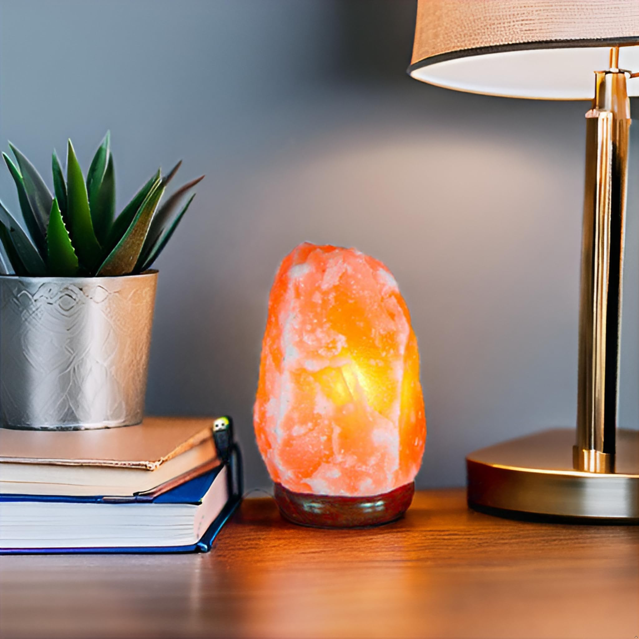 I-TOTAL® - Lampa z soli himalajskiej, naturalna, ręcznie robiona z naturalną różową podstawą drewnianą (Zmiana koloru)