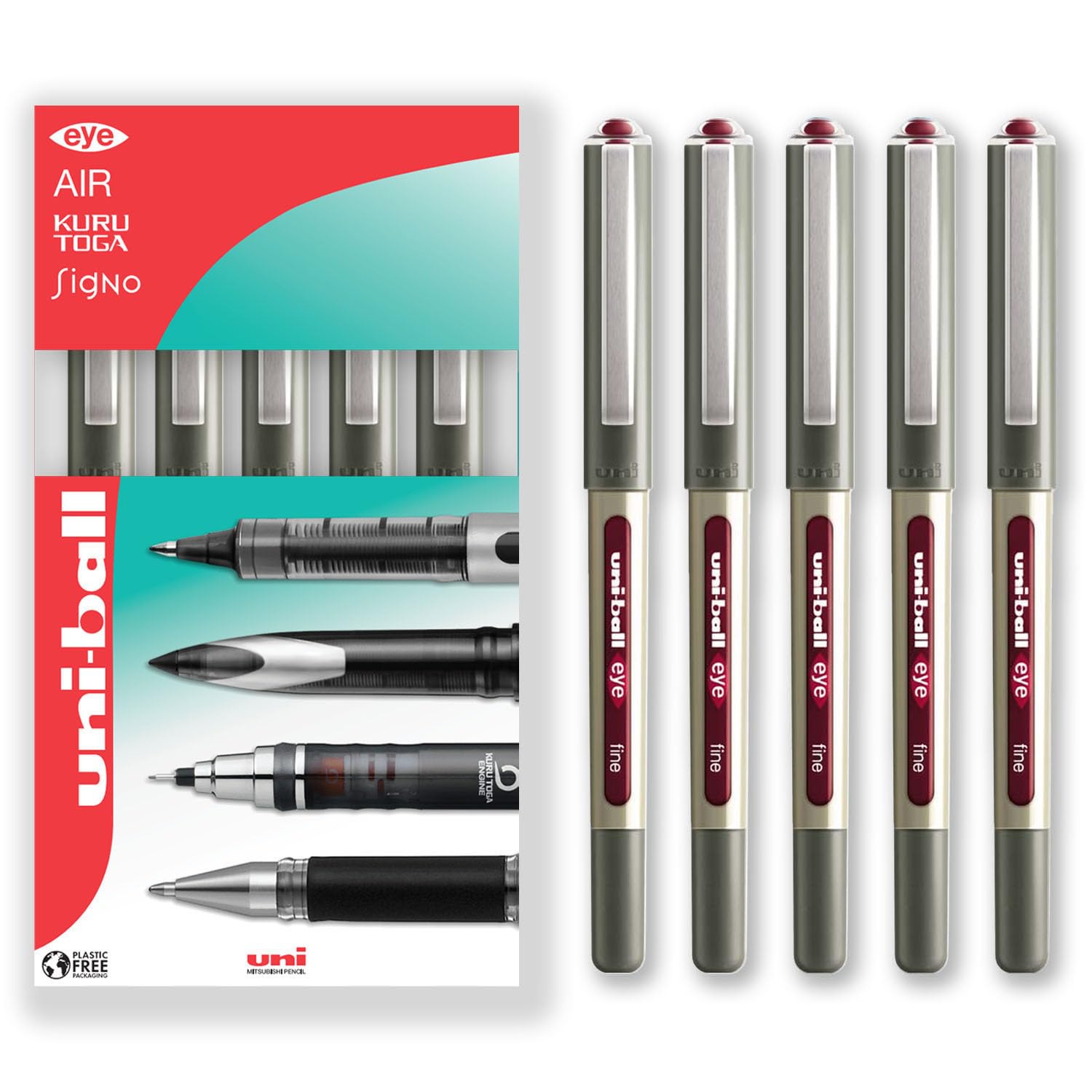 uni-ball EYE - UB-157E Rollerball Pens - 0.7mm Nib - In Envelope Gift Packaging (Pack of 5, Wine Red)