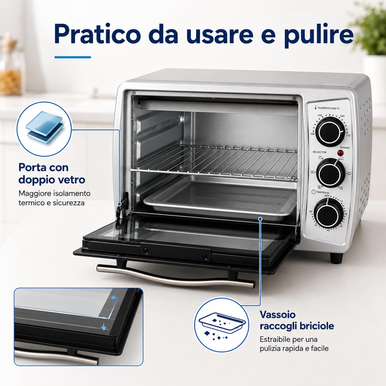 BLU F19 PLUS Forno Elettrico Ventilato 19 L, 1380 W, Grill 800 W, Timer 60 Min, Termostato 100-230 °C, Doppio Vetro, Leccarda, Griglia e Vassoio Briciole, Nero/Silver