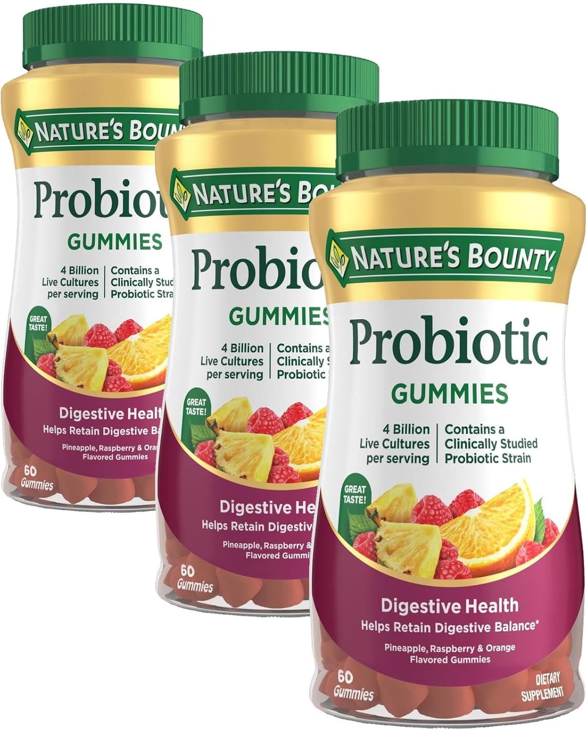 Probiotic Gummies by Nature's Bounty, Dietary Supplement, For Digestive Health, Natural Fruit Flavors, 2 Pack, 120 Gummies