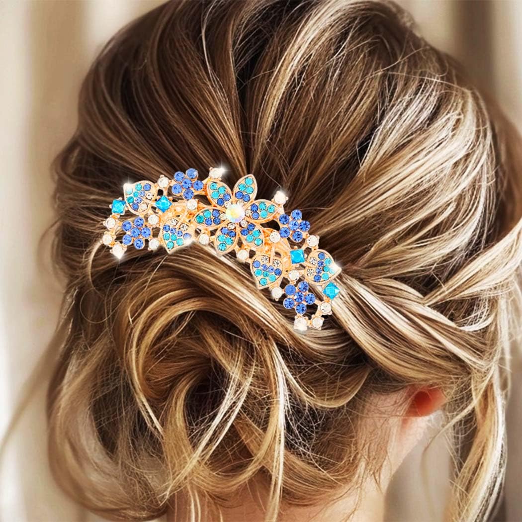 Jovono Rhinestone Flower Bride Wedding Hair Comb Gold Crystal Bridal Hair Pieces Vintage Hair Accessories for Women(Blue)