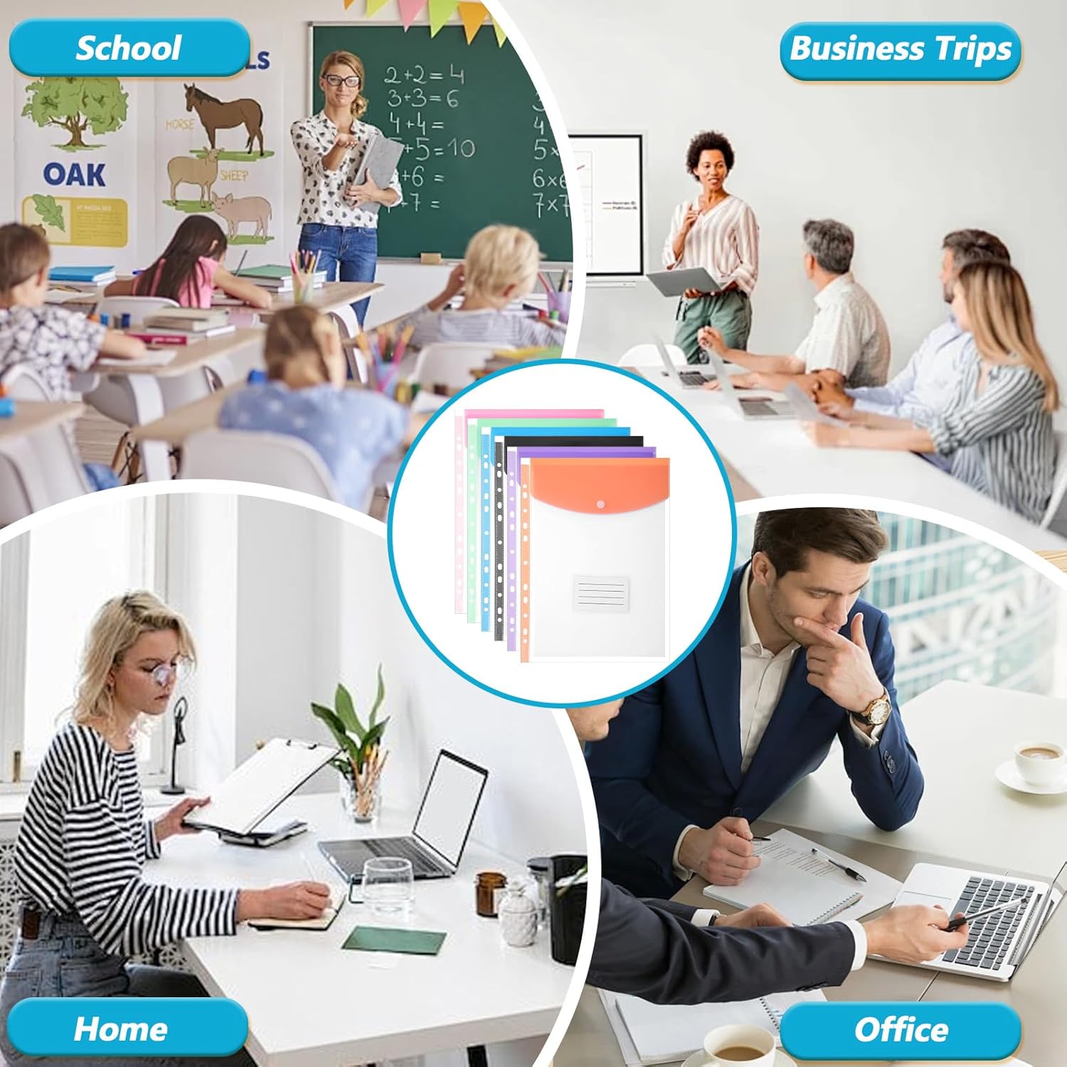 24 Pack Binder Pockets for 2/3/4 Ring Binder, Binders Folders with Snap Button and Label, Expandable Plastic Envelopes Binders Organizer Folders with 11 Holes for School Office Home