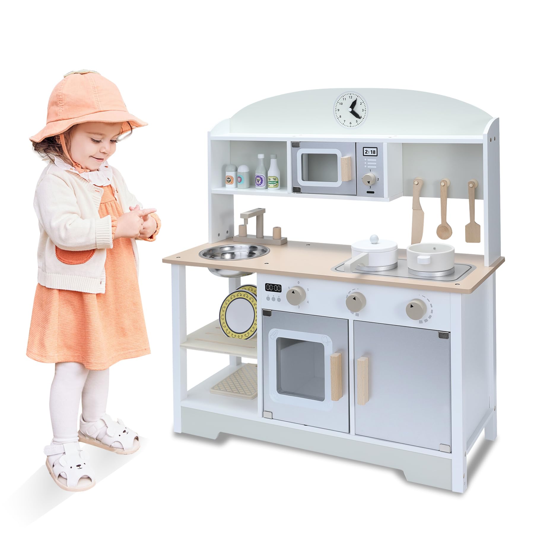 Kinderküche aus Holz mit Zubehör, Spielküche für Kinderzimmer, inkl. Herd, Ofen, Mikrowelle, Kühlschrank, Wasserhahn und Kochgeschirr – Kinderküche Holz Spielset für Rollenspiele, Mittelgrau