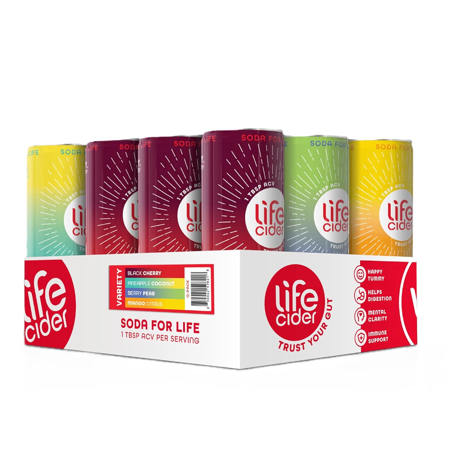 Life Cider Berry Pear Flavored Apple Cider Vinegar Soda, 12 Pack, Organic Sparkling AVC Drink, Natural Flavors, Promotes Gut Health, Vitamins C, B12, Zinc, D3
