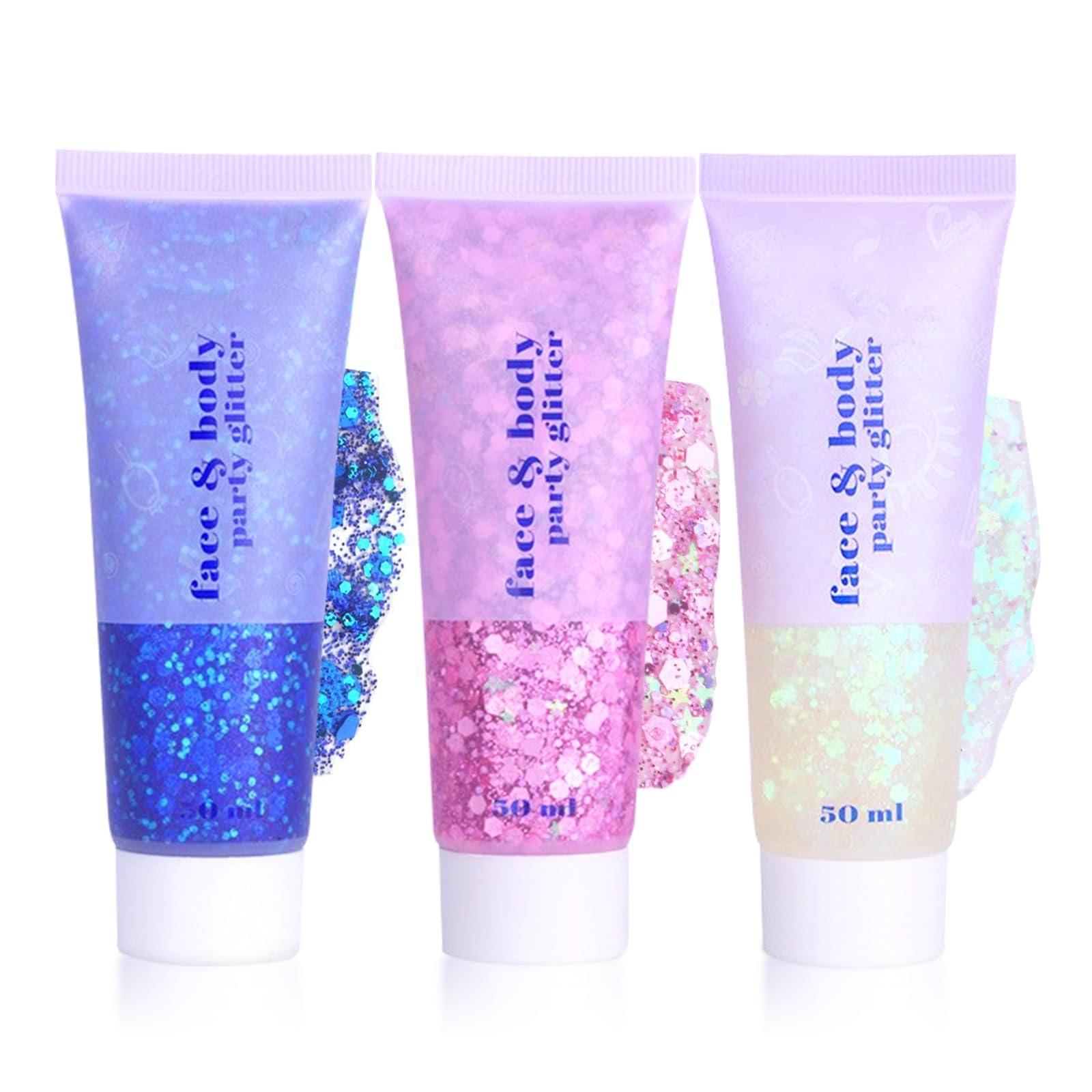Sularpek 3 Pcs Face Glitter, 50ml Hair Glitter Gel, Sequins Shimmer Liquid Eyeshadow, Mermaid Sequins Festival Glitter for Face Body Eye Hair Festival Party Makeup Decoration