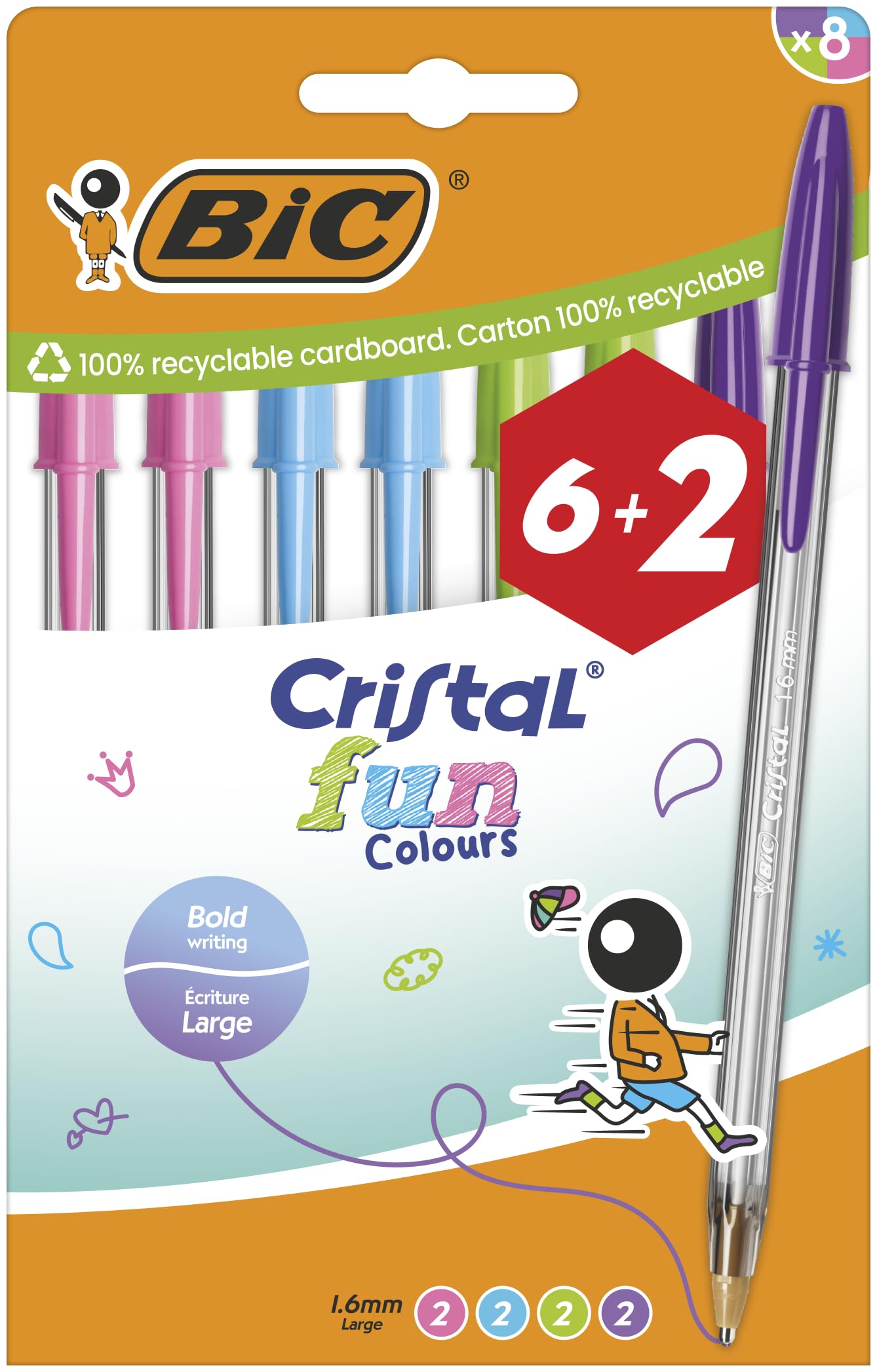 BIC Cristal Fun Colored Pens, Broad Point (1.6mm) - Assorted Colors, Pack of 8 (6+2 Free)