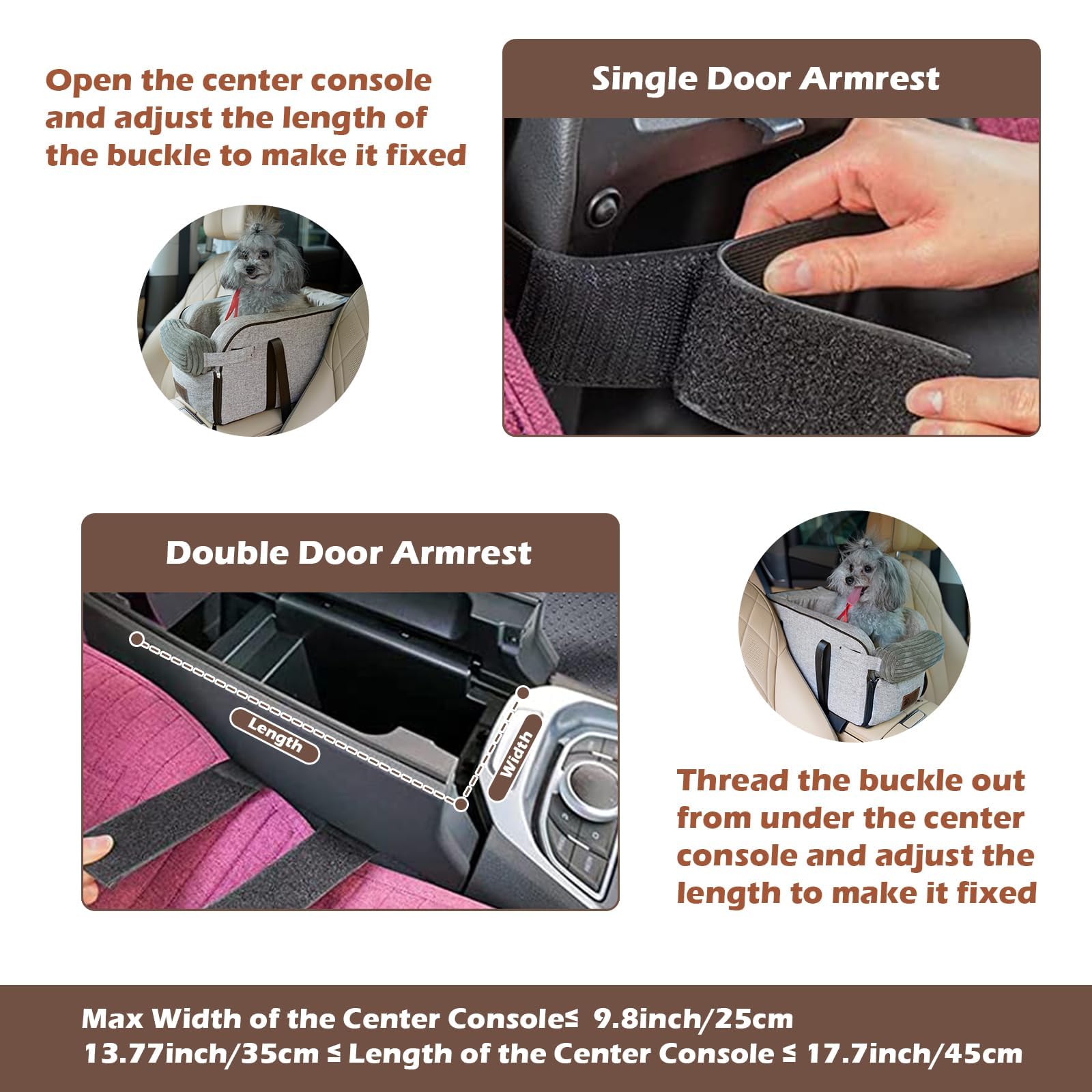Consola Centro y Asiento para Coch, Cesta Portátil con Cinturón Seguridad y Almohada Lavables – Silla Cómoda para Mascota Pequeña