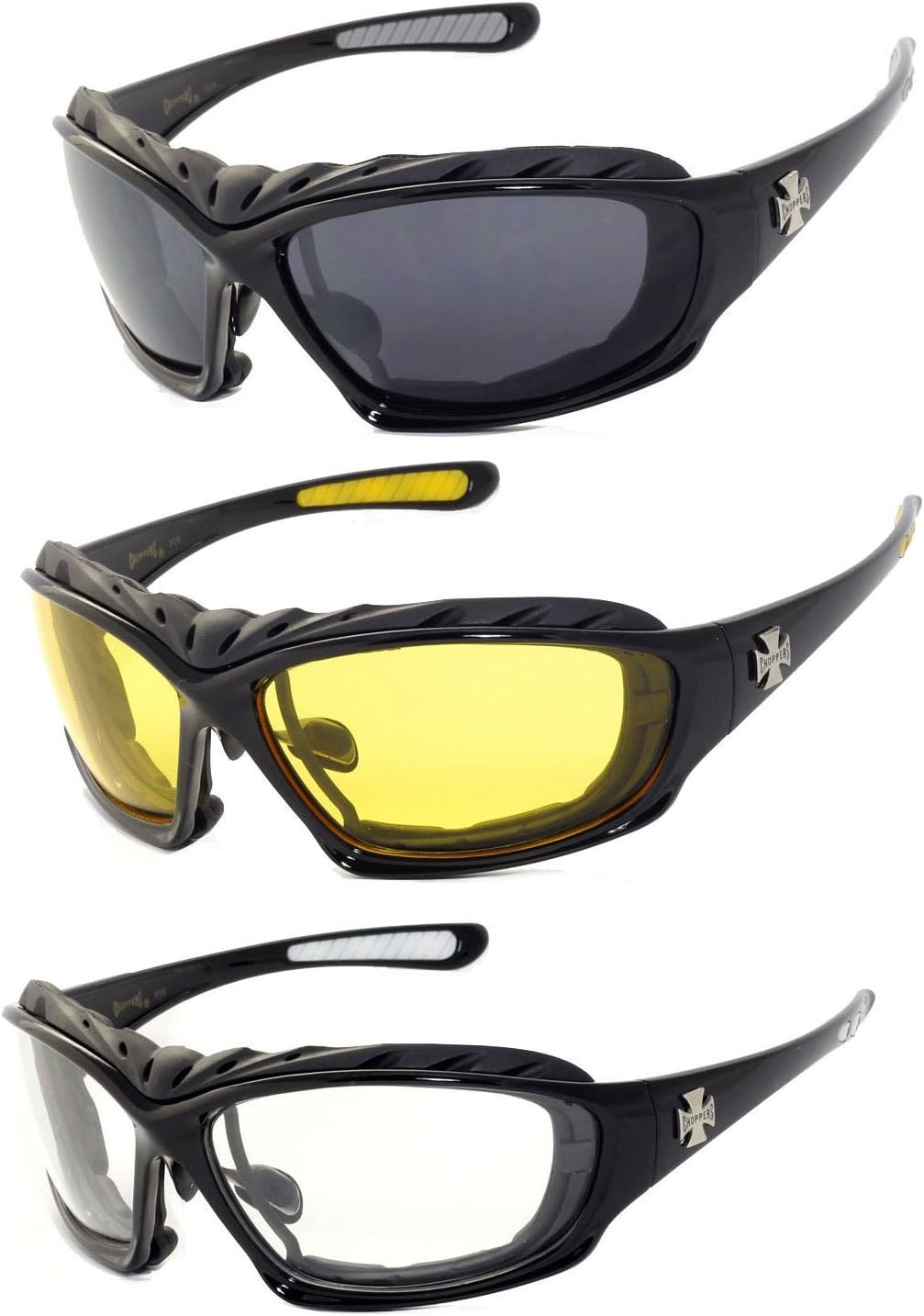 3 Pairs Choppers Padded Foam Wind Resistant Riding Sunglasses