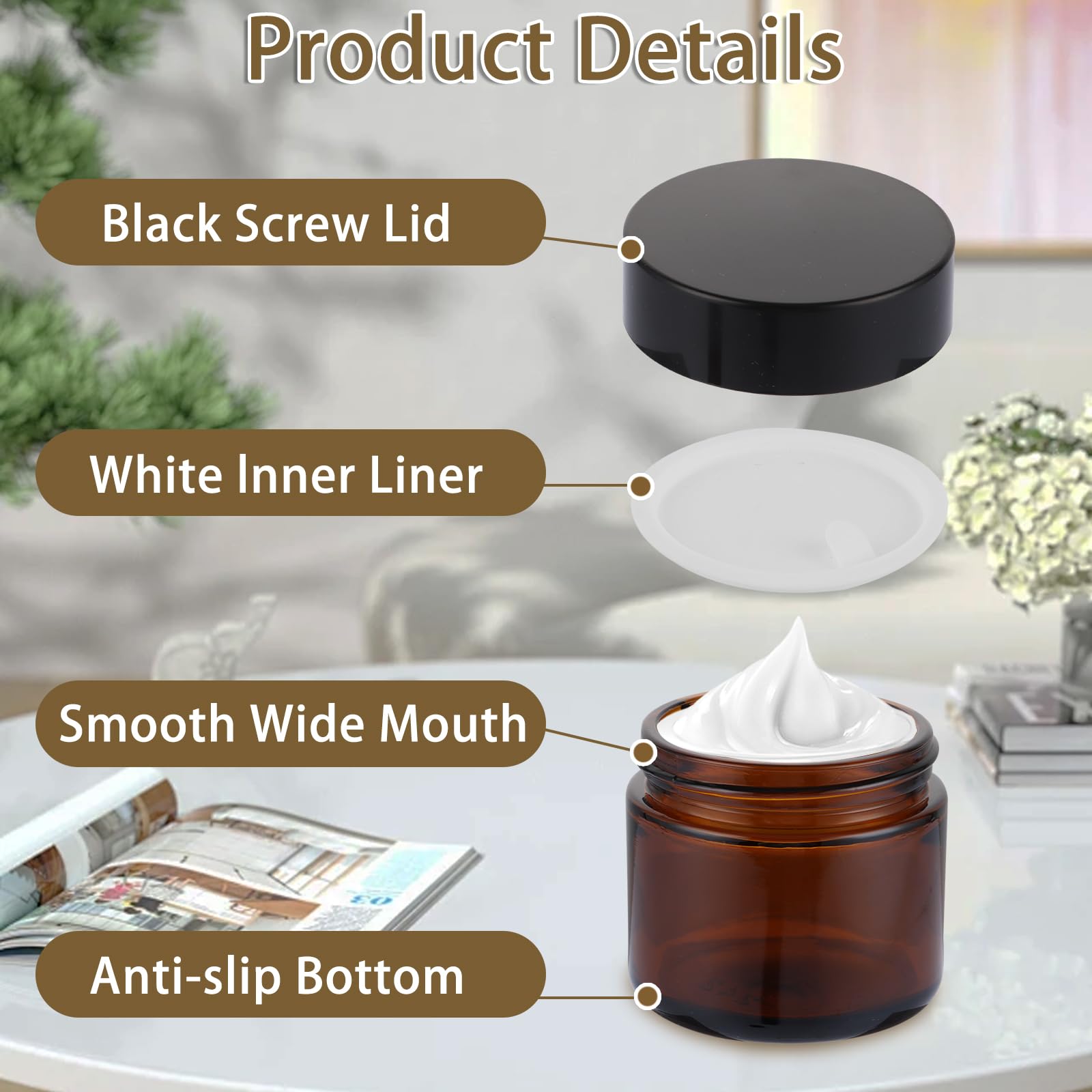 Lot de 25 pots en verre ambré - 60 ml - Pot à pommade à remplir - Avec couvercles noirs et couvercles intérieurs - Pour cosmétiques, lotions, crèmes, mini bougies