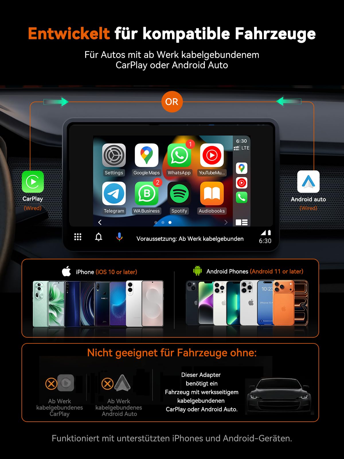 4-in-1 Wireless CarPlay Adapter für Apple CarPlay & Android Auto, AirPlay & MirrorLink Bildschirmspiegelung, Wired zu Wireless Car Play Adapter, 5.8GHz WiFi Bluetooth 5.4, Plug & Play, USB-A/C，Orange