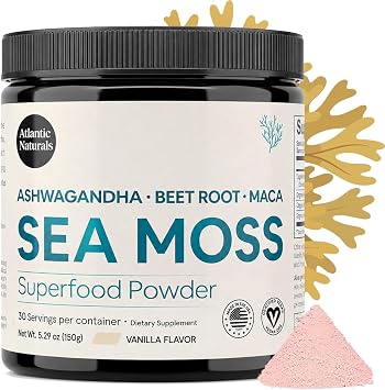Atlantic Naturals Superfood Organic Sea Moss Powder Blend with Ashwagandha, Maca Root & Beet Root | Ideal for Healthy Skin, Positive Mood & Energy | Vanilla Flavor 150g