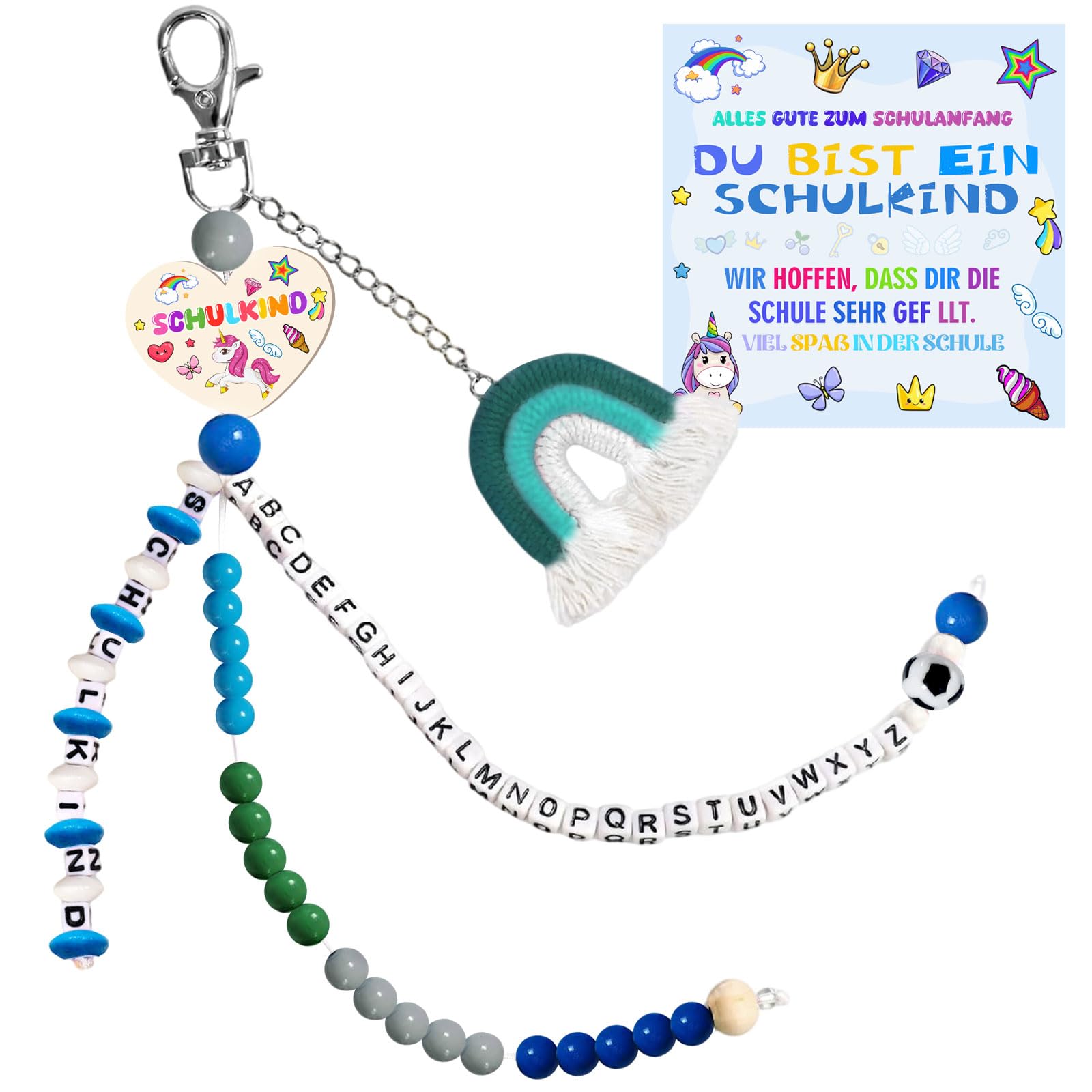 Einschulung Mädchen Rechenkette 2025 Regenbogen Schultüte Füllung Schulkind Glücksbringer Anhänger Schulanfang Geschenk mit Grußkarte Geschenkbox für Freunde und Schulkameradin (Blau)