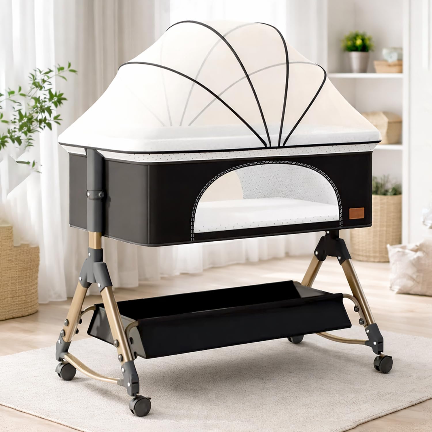 Baby Comfortable 6-in-1 Baby Cot, Crib, Bedside Bassinet, Adjustable Height, Mosquito Net, Storage Basket, Wheels, and Mattress | Easy Folding, Unique Design-Charcoal Grey-image-27