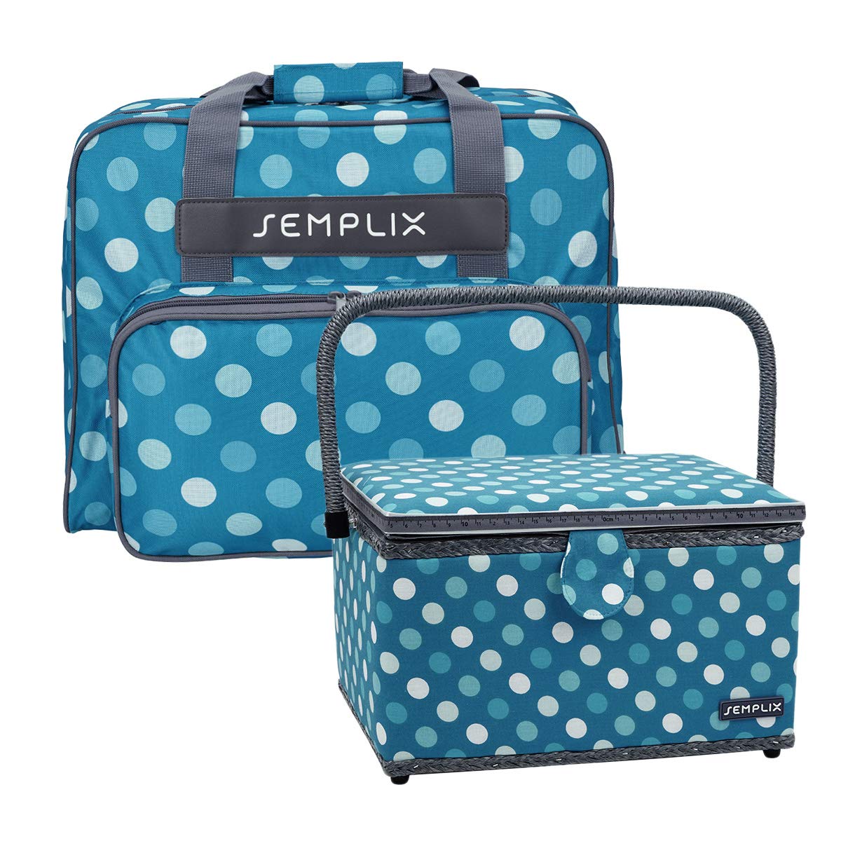 Zestaw SEMPLIX Polka Dots z torbą na maszynę do szycia + koszykiem na przybory do szycia, rozmiar L (Petrol/turkusowy)