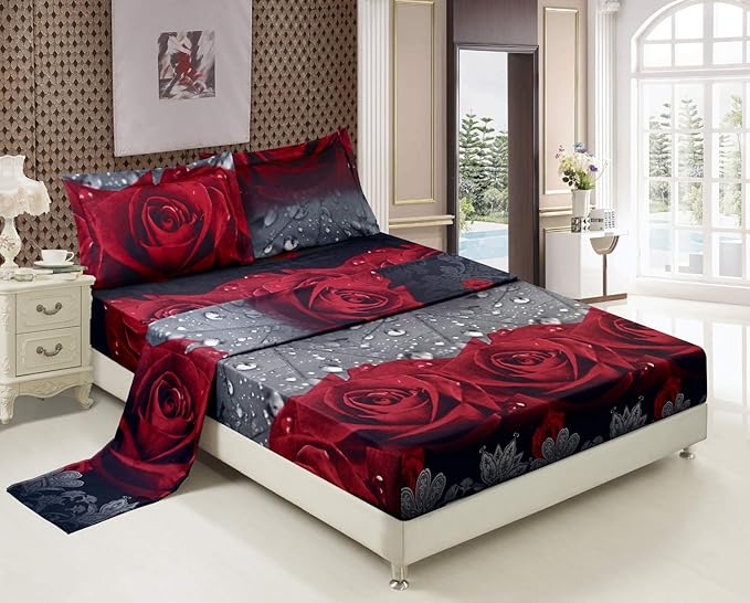 HIG 3D Bed Sheet Set 4 Piece 3D Rose Love Romantic Moment