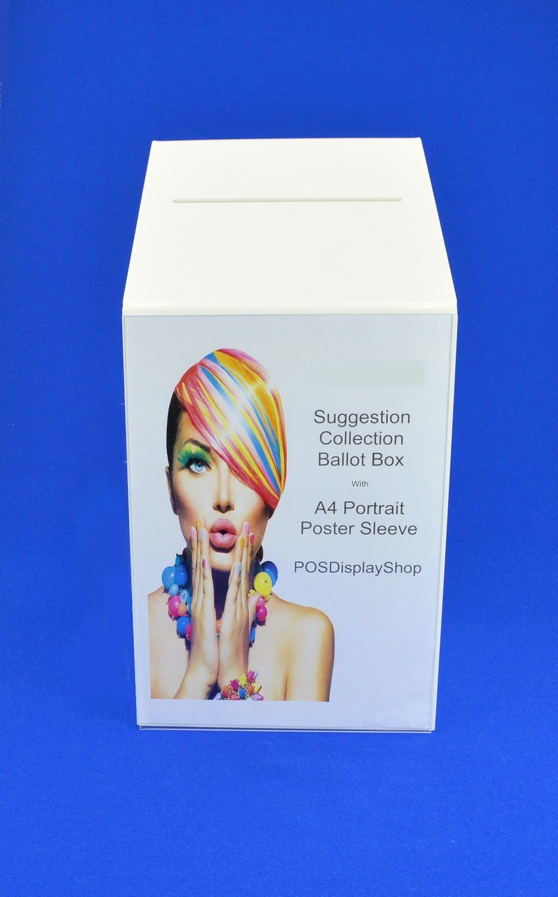 Pos Display Shop Large White Acrylic Suggestion Ballot Comments Feedback Collection Box with A4 Portrait Poster Holder - PDS9464 White