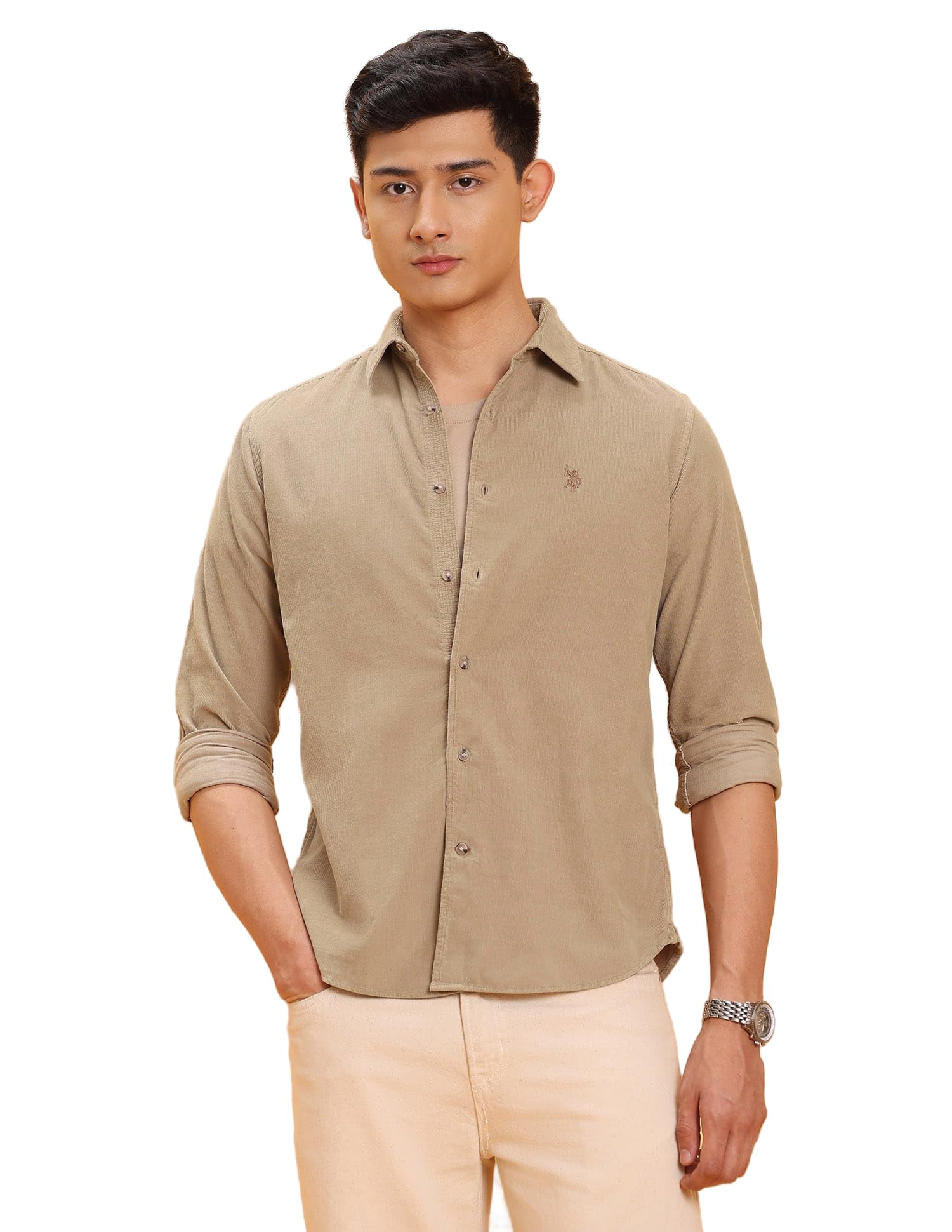 u.s. polo assn. Denim Co. Light Khakhi Solid Corduroy Slim Fit Men's Shirt-picture-11