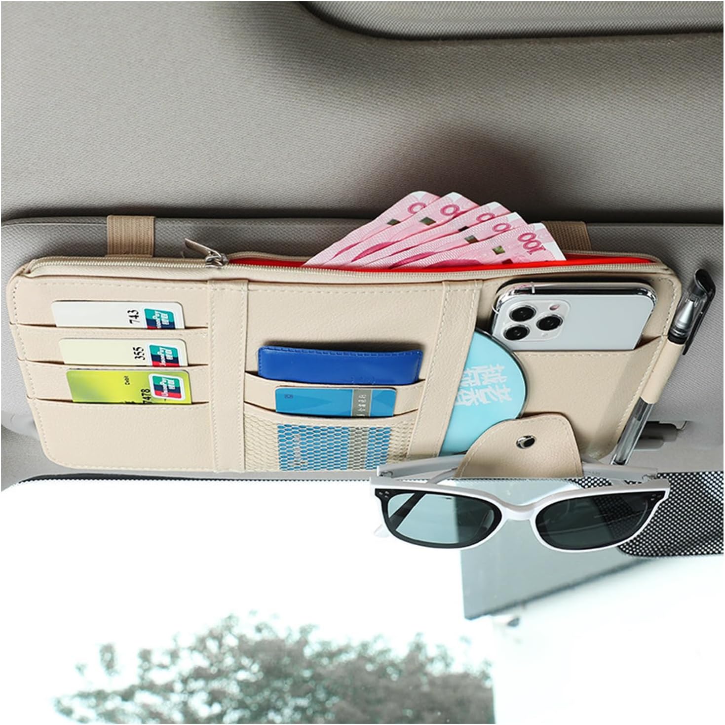 Augeny Car Sun Visor Organizer, Leather Personal Belonging Storage Pouch with Zipper, Car Visor Storage Pouch Sunglasses Holder, Auto Interior Accessories Pocket Organizers (Beige)