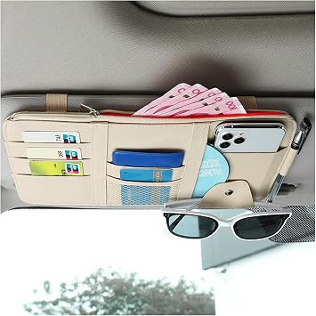 Augeny Car Sun Visor Organizer, Leather Personal Belonging Storage Pouch with Zipper, Car Visor Storage Pouch Sunglasses Holder, Auto Interior Accessories Pocket Organizers Beige