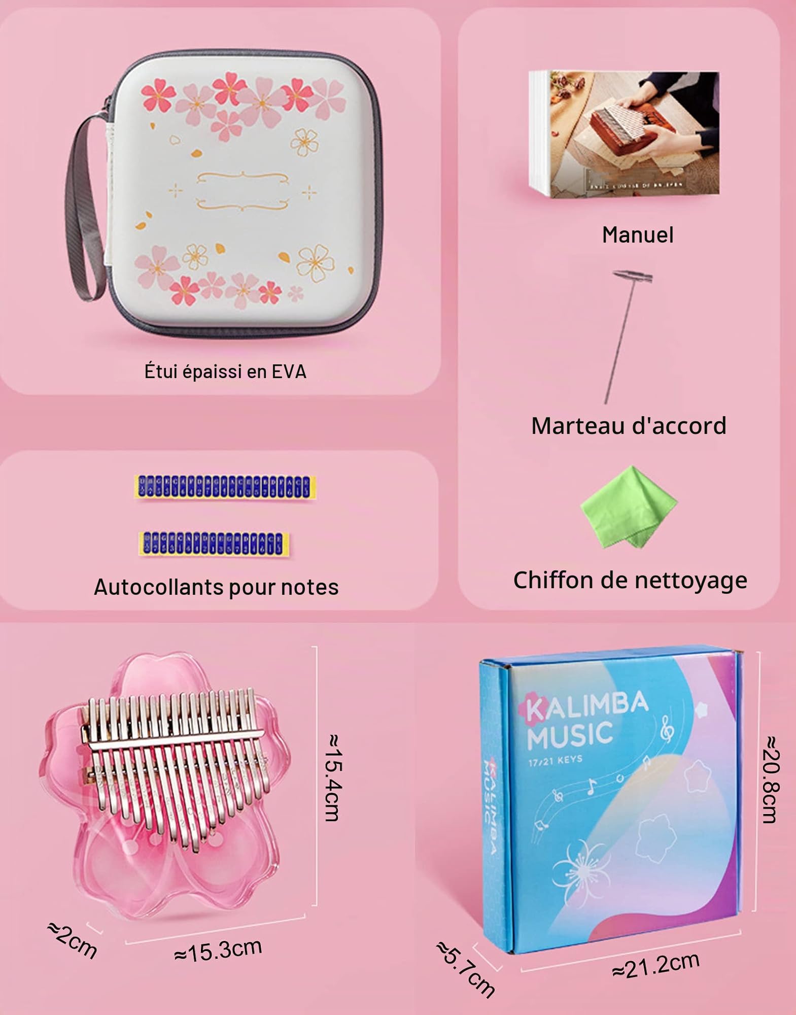 BOTOWI Kit Complet de 21 Touches de Kalimba Transparent, Kalimba Cristal Transparent 17 Touches avec étui de Protection EVA, Instruments de Musique Professionnels Cadeau de Noël,Pink 17 Keys