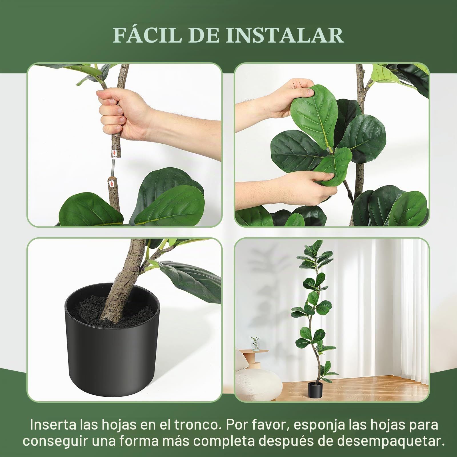 Higuera artificial de hoja de violín, planta falsa de 5 pies con maceta blanca y tronco de madera natural para decoración del hogar u oficina, plantas artificiales de interior