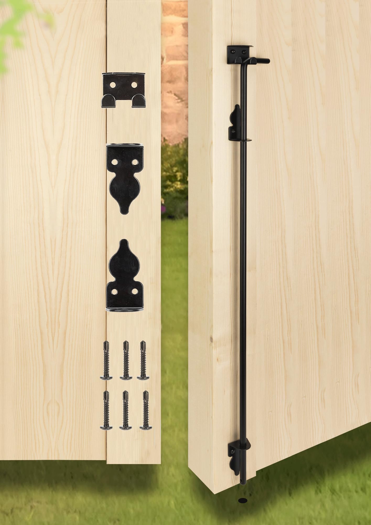 36" Heavy Duty Cane Bolt Gate Drop Rod Hardware Ground Latch for Wood PVC Vinyl Metal Fences Gates, Double Doors, Black Solid Steel -1 Pack