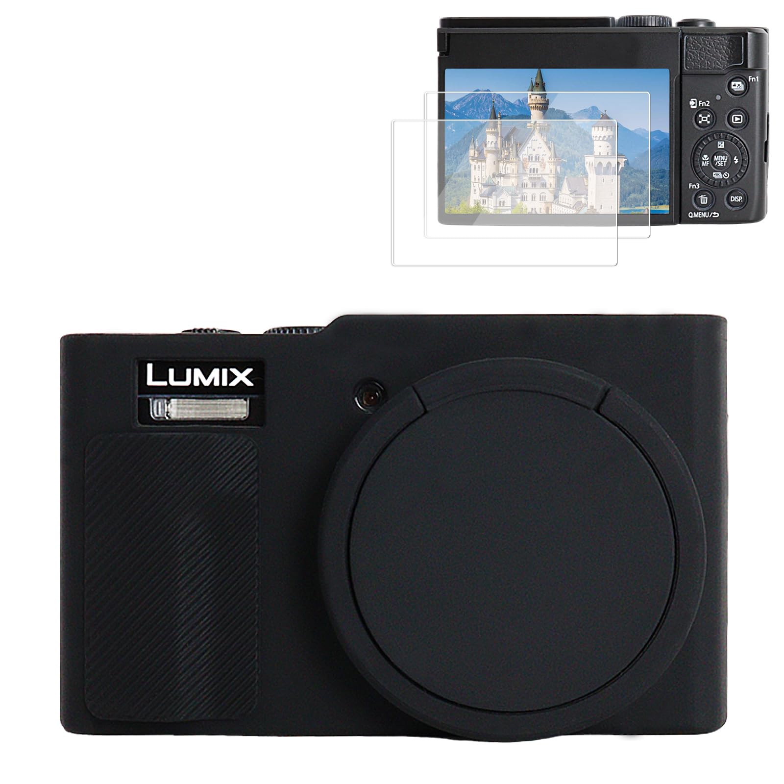 Rieibi Custodia in silicone per fotocamera Panasonic Lumix ZS99/TZ99, accessori per Panasonic Lumix DC-ZS99/TZ99 custodia con 2 pellicole proteggi schermo, copriobiettivo staccabile, nero