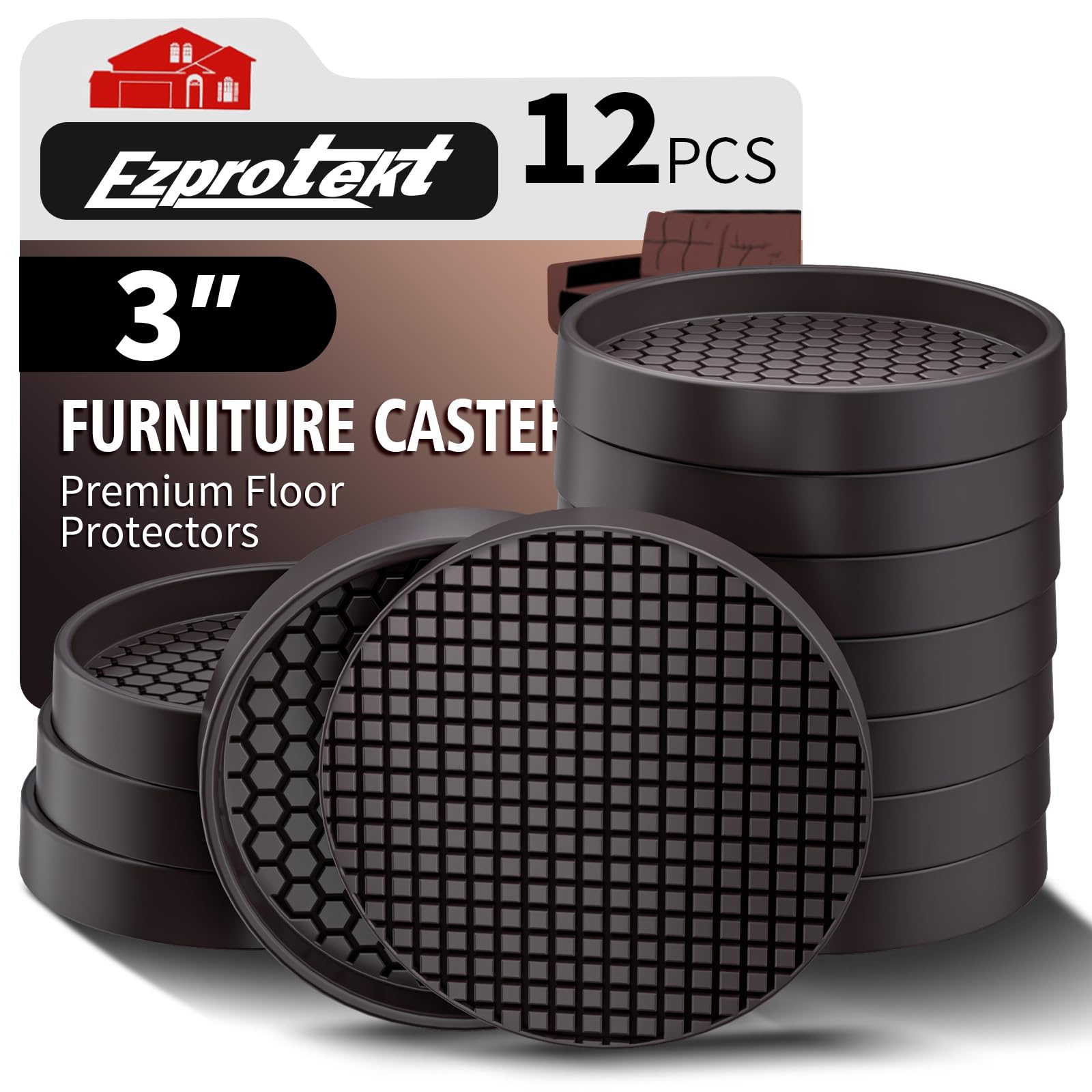 Ezprotekt 3" Non Slip Furniture Pads for Hardwood Floors 12 PCS Square Rubber Non Skid Furniture Caster Cups