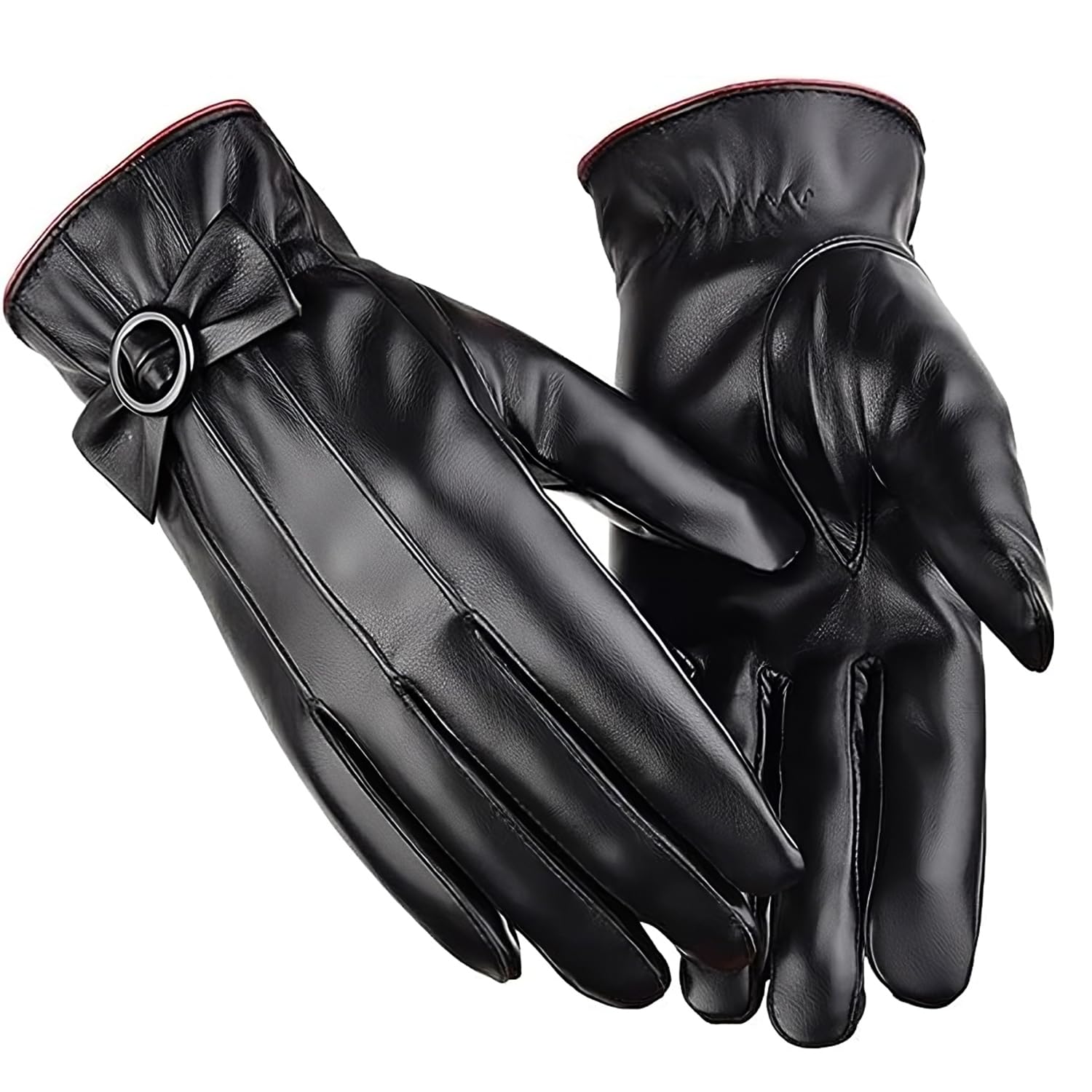 Xspring Women Winter Gloves Warm Touchscreen Leather Gloves Cute Soft Warm PU Leather Gloves Windproof Waterproof Gloves Driving Gloves with Coral Fleece Lining Leather for Women, One Size