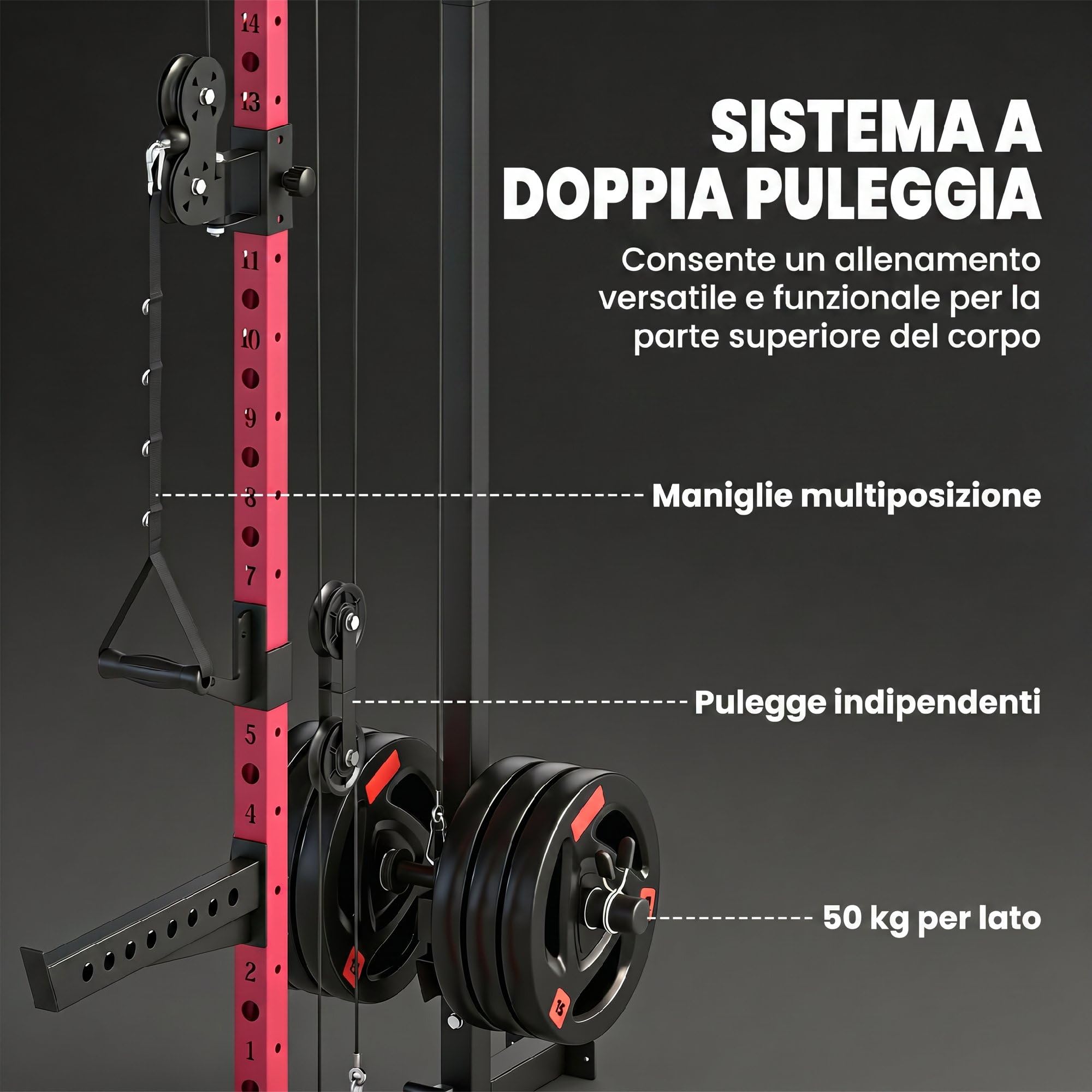 SPORTNOW Power Tower Pieghevole da Parete con Barra Trazioni Rosso | Rack Palestra, Sistema a Puleggia per Cavi, Squat Rack Multifunzione Regolabile 14 Livelli, Palestra Casa, Max 700 kg