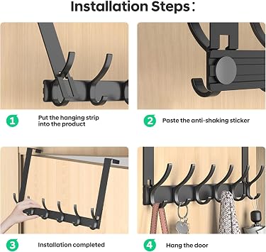 Over The Door Hooks - NO Nail Door Hanger Hook,NO Assembly REQUIERDE Coat Rack on Door with 12 Hooks,Over the Door Towel Racks for Bathroom,Bedroom,Kitchen,Hanging Towels,Coats (Black)