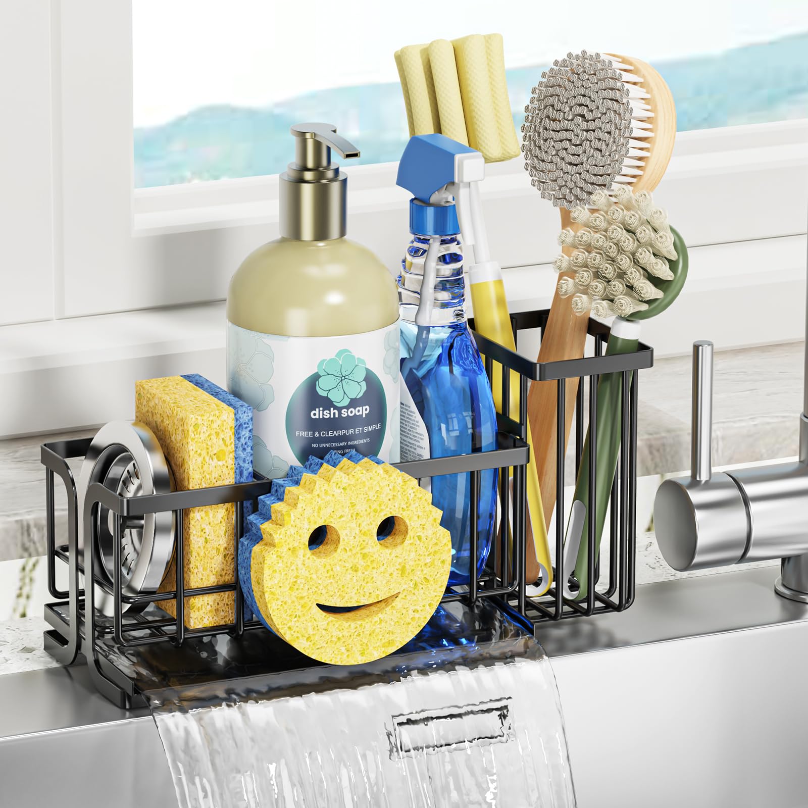 Epicano Sink Caddy Sponge Holder Smiley Face Sponge Rack with High Brush Holder Rustproof Kitchen Countertop Organizer Kitchen