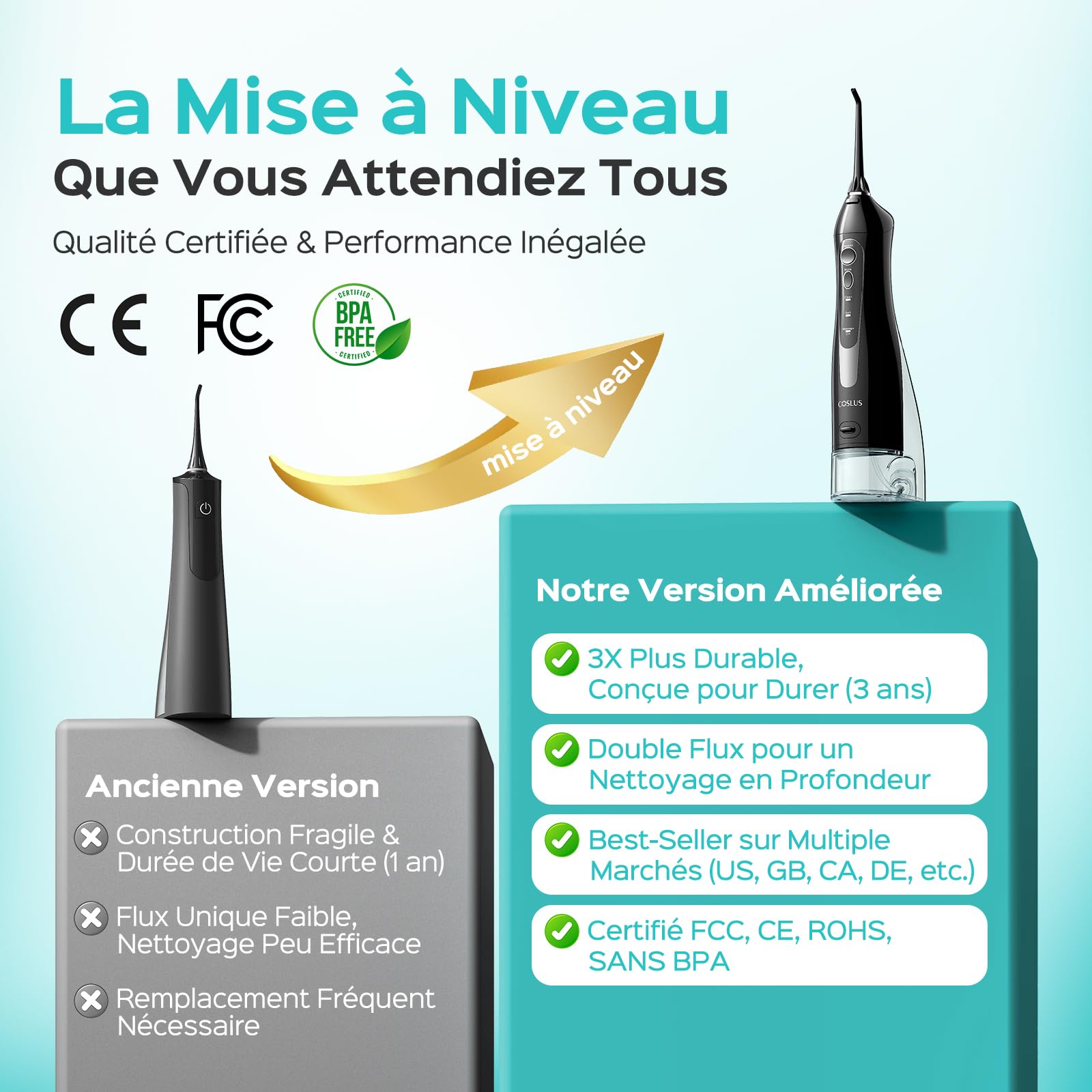 COSLUS C20 Jet Dentaire Hydropulseur Portable 300 ML Sans Fil Irrigateur Dentaire Hydropulseur Dentaire Double Débit d'eau Water Oral Flosser Étanche IPX7 Pour La Maison et Les Voyages Noir