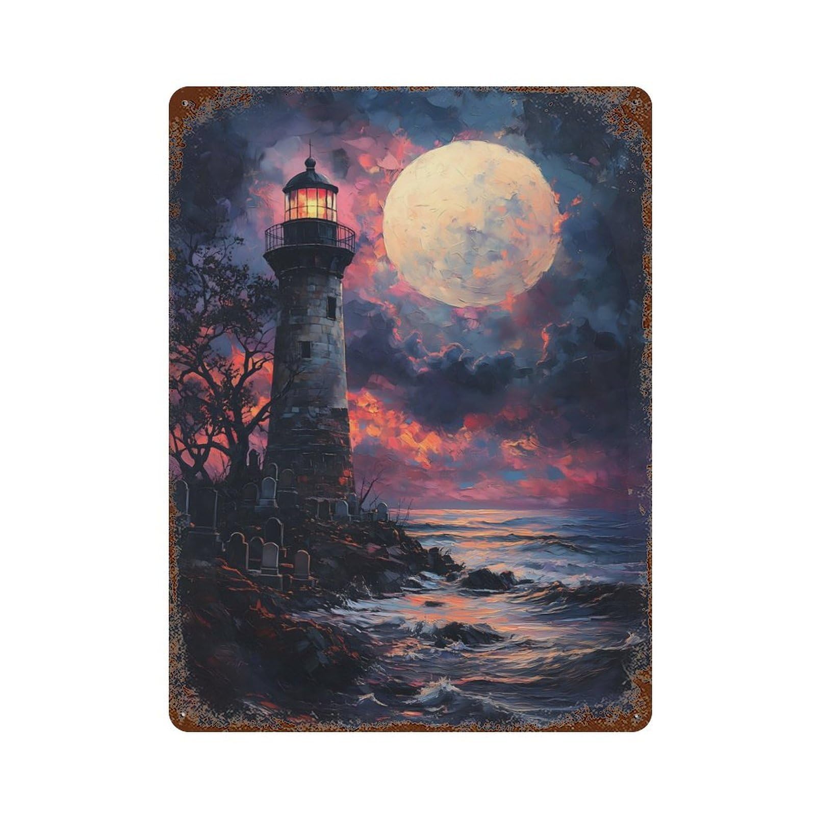 Distressed Metal Wall Sign with Sunset Ocean Lighthouse Design 15.7"x11.8", for Shed, Workshop And Garage Wall Decor, Decorative Metal Wall Art