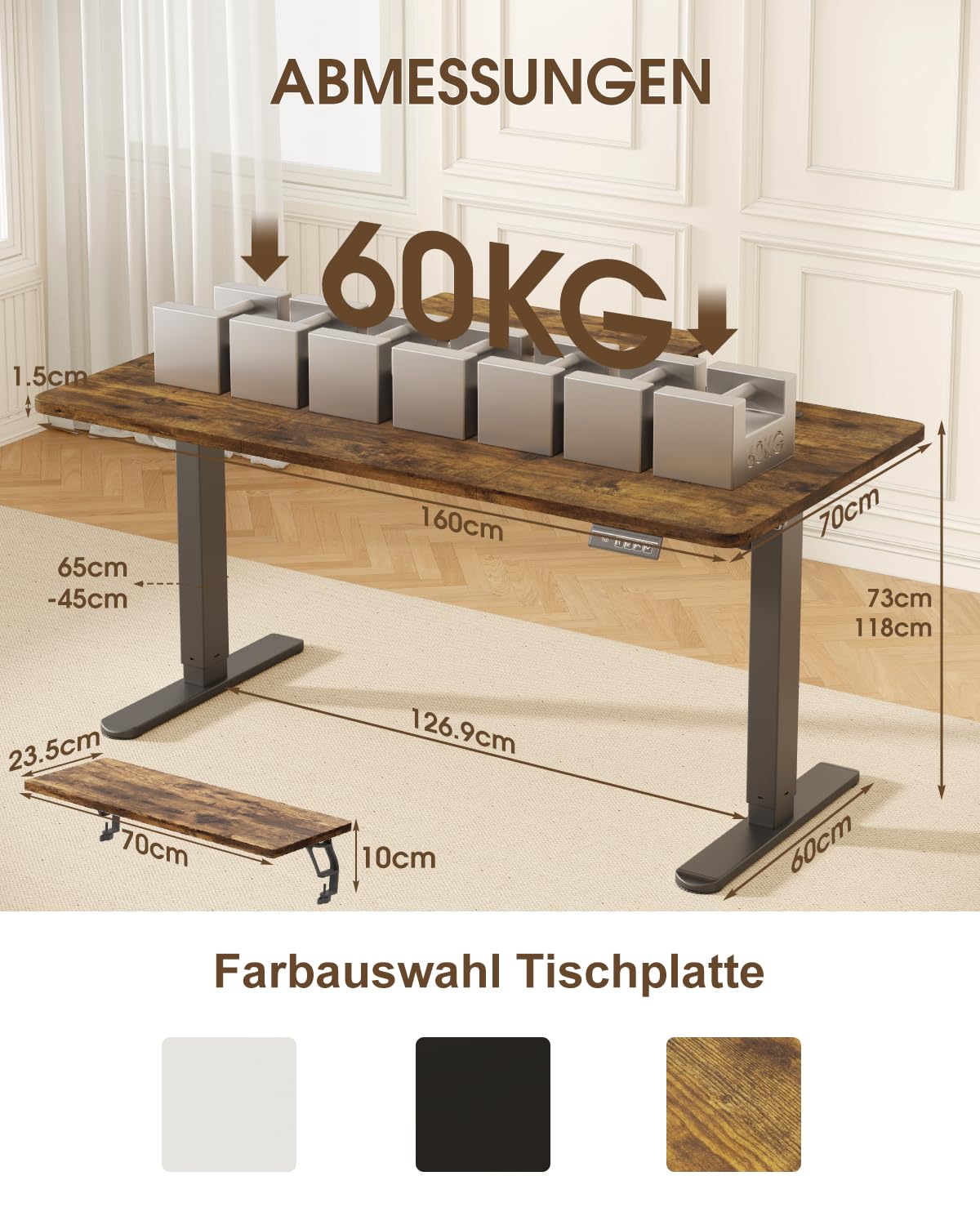 Devoko Höhenverstellbarer Schreibtisch 160×70cm mit Monitorständer | Schreibtisch Höhenverstellbar Elektrisch mit 2 Höhen Memory-Steuerung, Ergonomisches Sitz-Stehpult,Vintagebraun