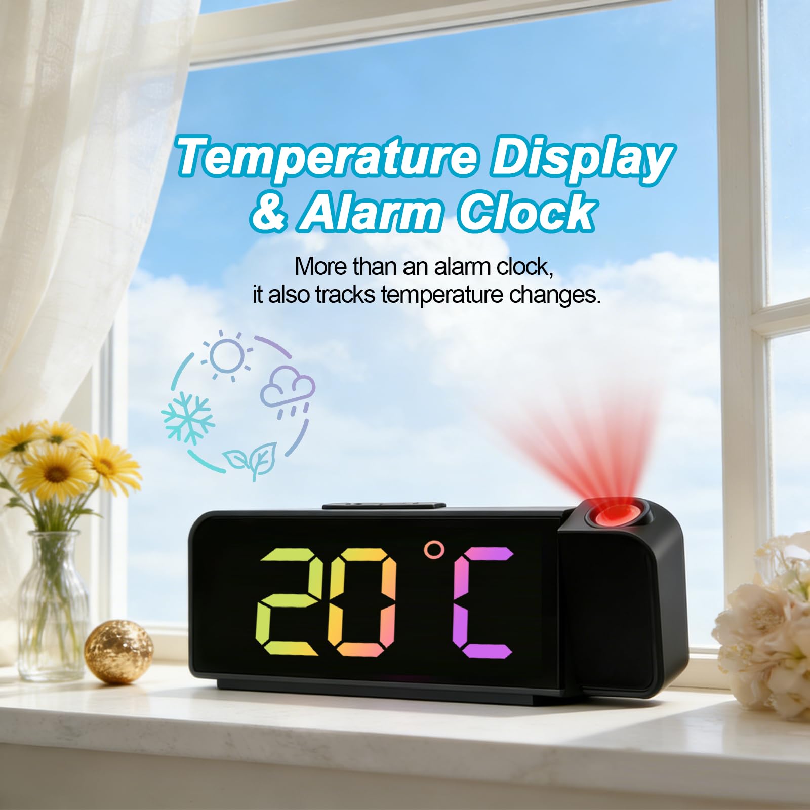 Reloj Despertador de Proyección Digital 180°, Pantalla LED Grande con Temperatura, 4 Niveles de Brillo, Alimentación por USB, para Dormitorio, Oficina, Niños y Ancianos（Negro）