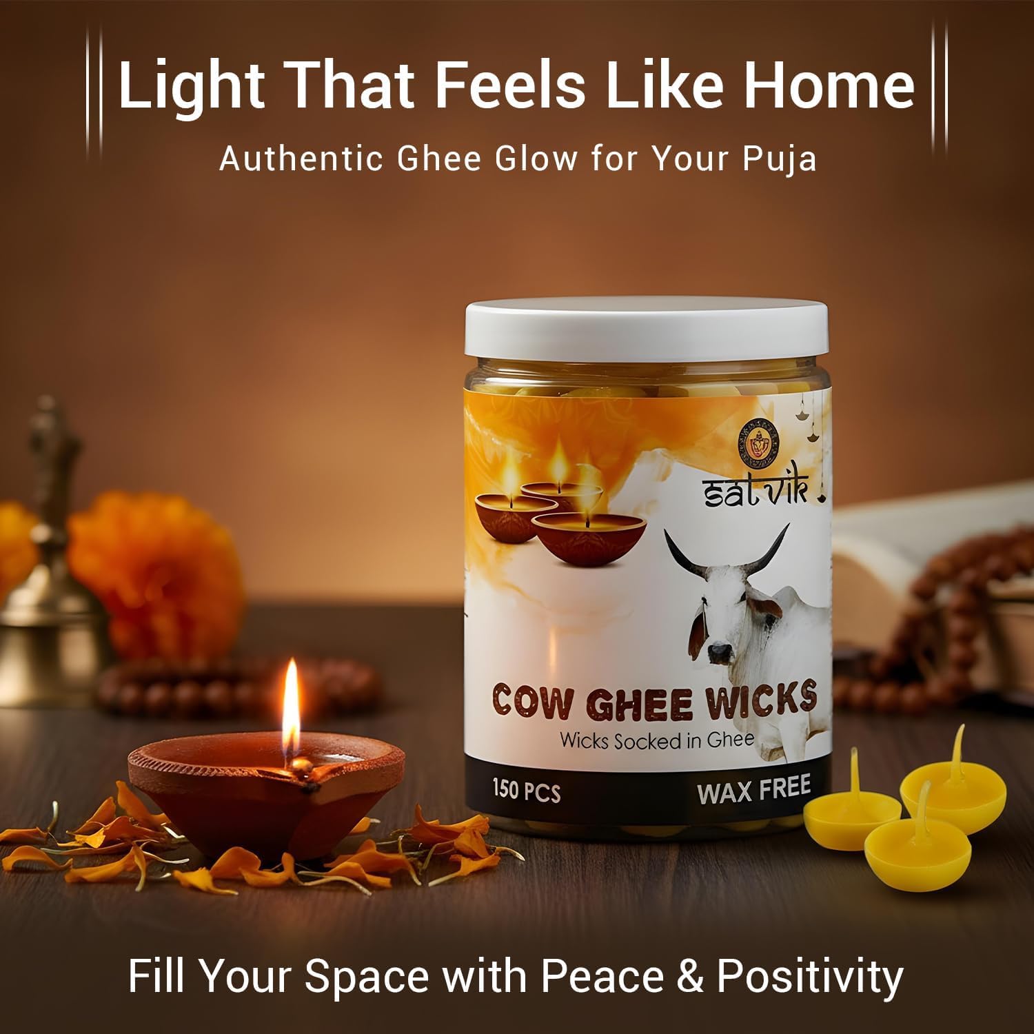 SATVIK 150 Pcs Pure Cow Ghee Wicks for Puja Pooja Home and Mandir. Nitya Pujan Readymade Ghee Jyot Jyoti Pujan Indian Housewarming Return Gift Items Puja Accessories. Diwali Diya Cotton Wicks